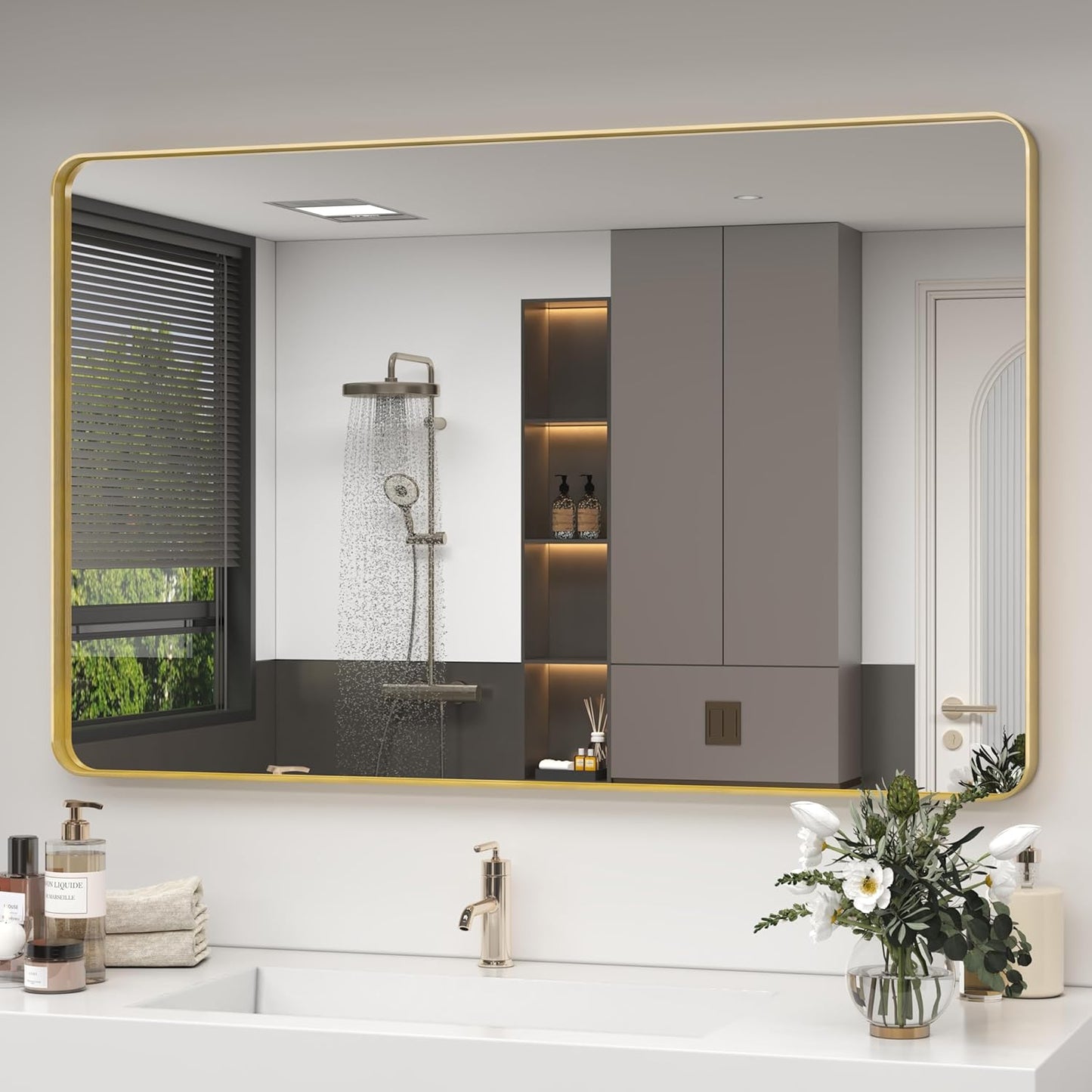 48x30 Inch Gold Framed Bathroom Mirror, Brushed Gold Metal Vanity Mirror, Rectangle Gold Mirror for Wall, Rounded Corner, Tempered Glass, Anti-Rust, Shatterproof (Horizontal/Vertical)