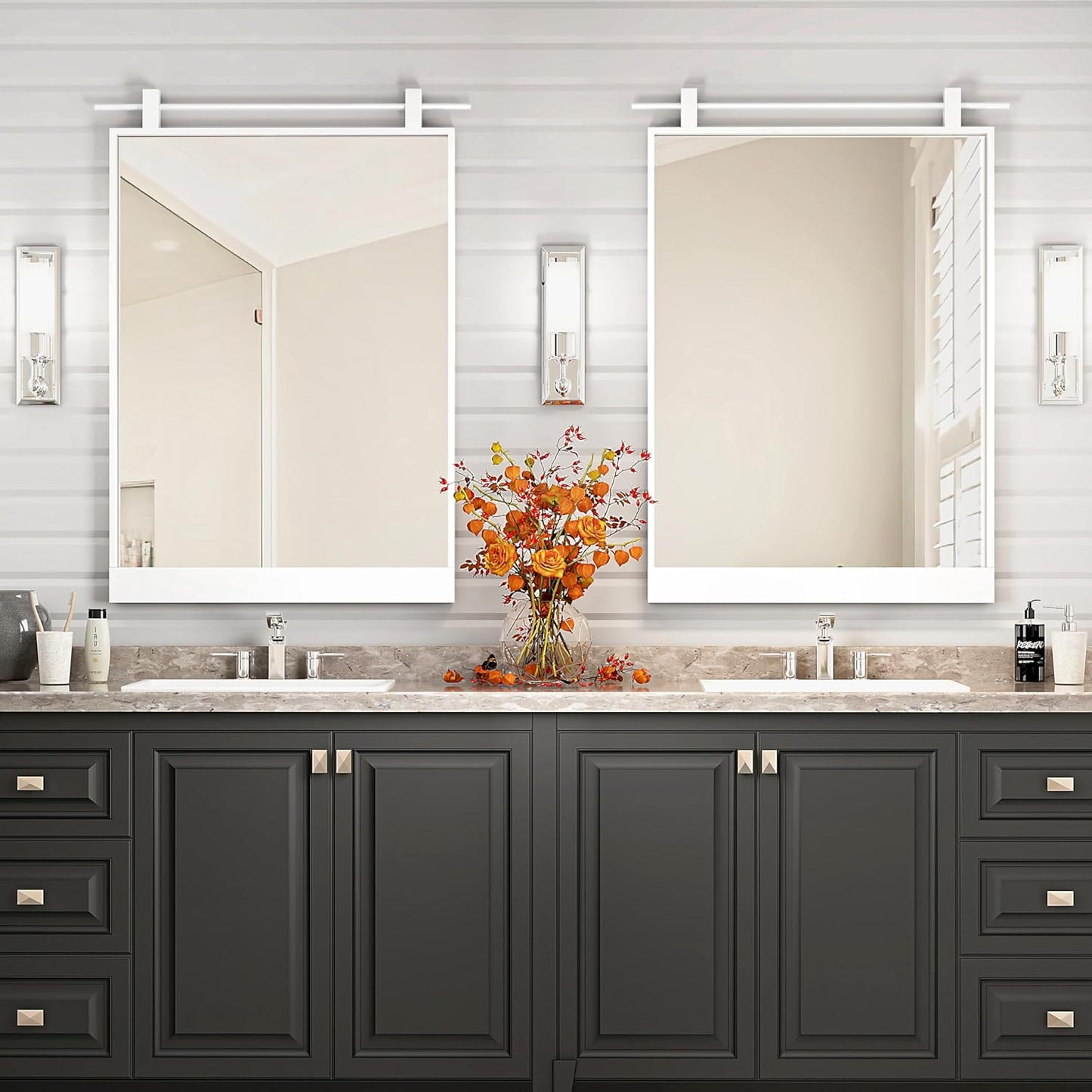 24x36 Inch Rectangle Bathroom Vanity Mirror for Wall Mounted Over Sink Farmhouse Rustic White Frame Barn Door Mirrors Foyer Entryway Decor