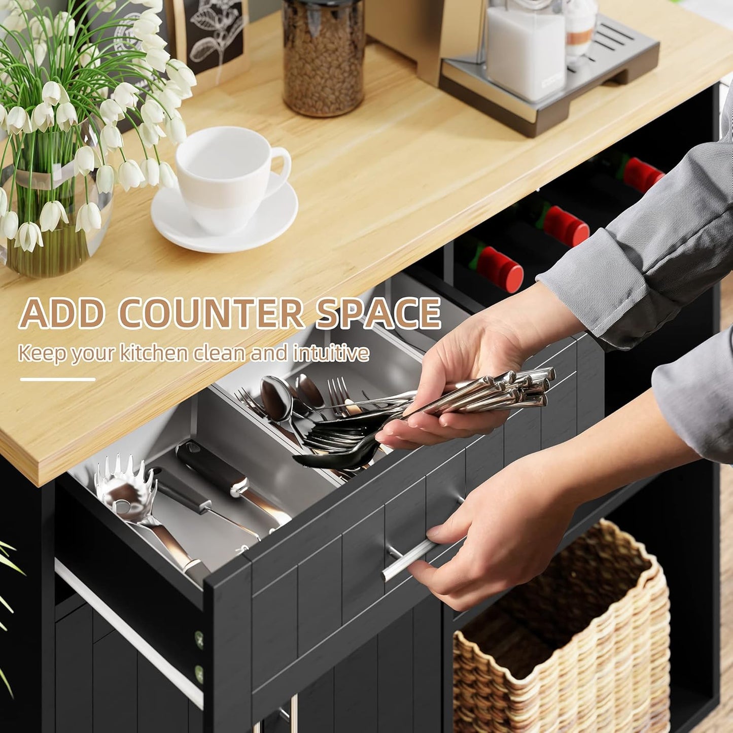 Shintenchi Kitchen Island Cart with Storage,Rolling Kitchen Island Side Table on Wheels with Large Worktop,Storage Cabinet,Towel Rack and Drawers for Kitchen,Dinning Room,Black