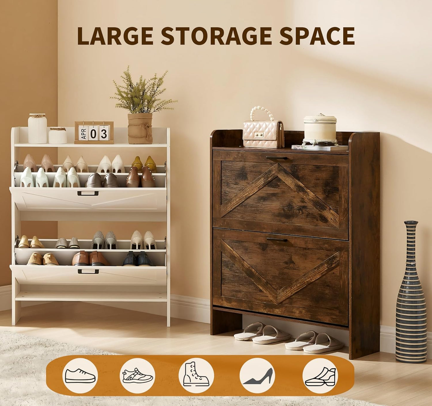 Shoe Storage Cabinet with 2 Flip Drawers, Freestanding Shoe Cabinet Organizer with Metal Flip Frame for Entryway, Hallway, Foyer, White