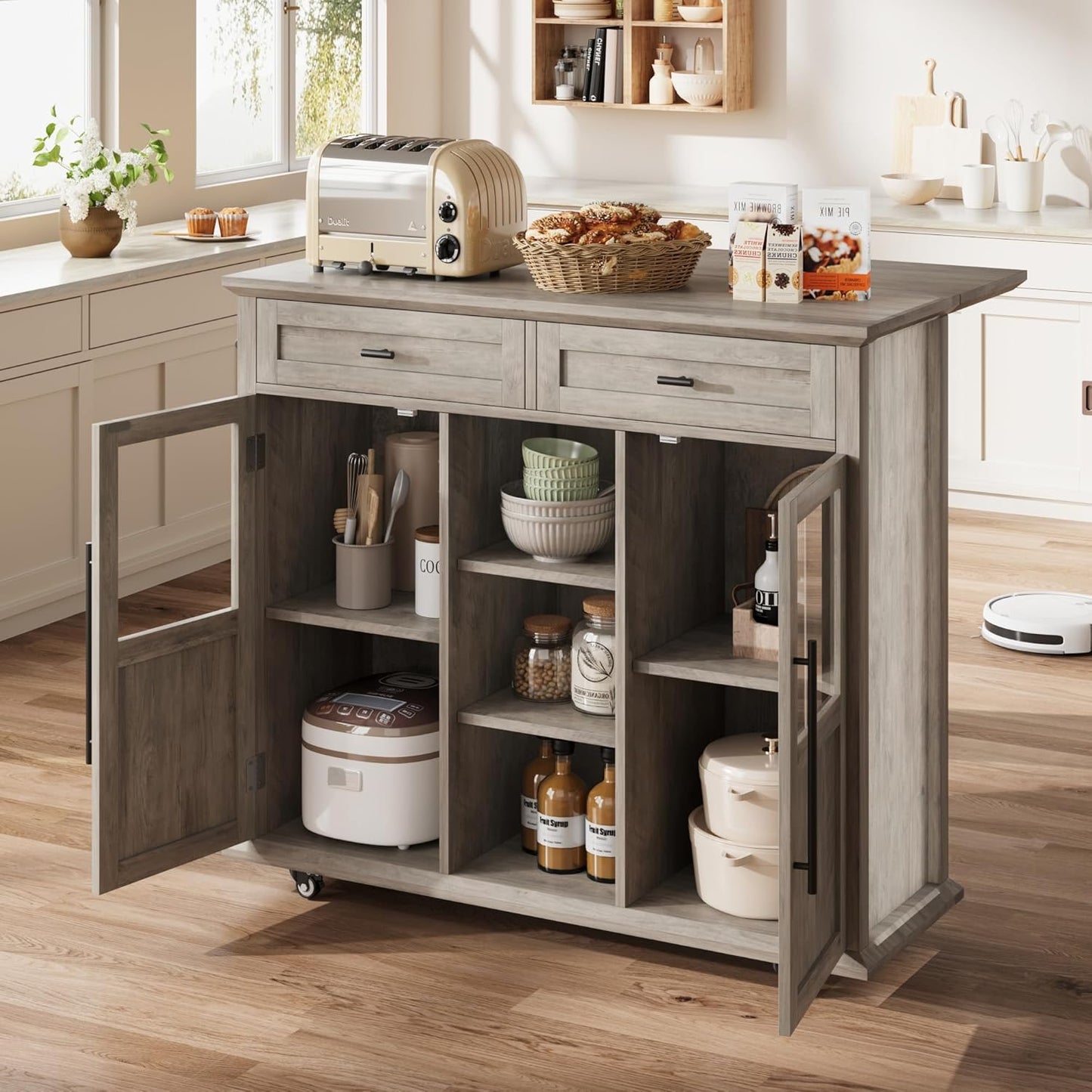 Mobile Modern Storage Island,Rolling Kitchen Island with Drop Leaf - Door Cabinet, Drawer, Bar Cart with Cabinet, Portable Cart Island Table for Kitchen,Grey