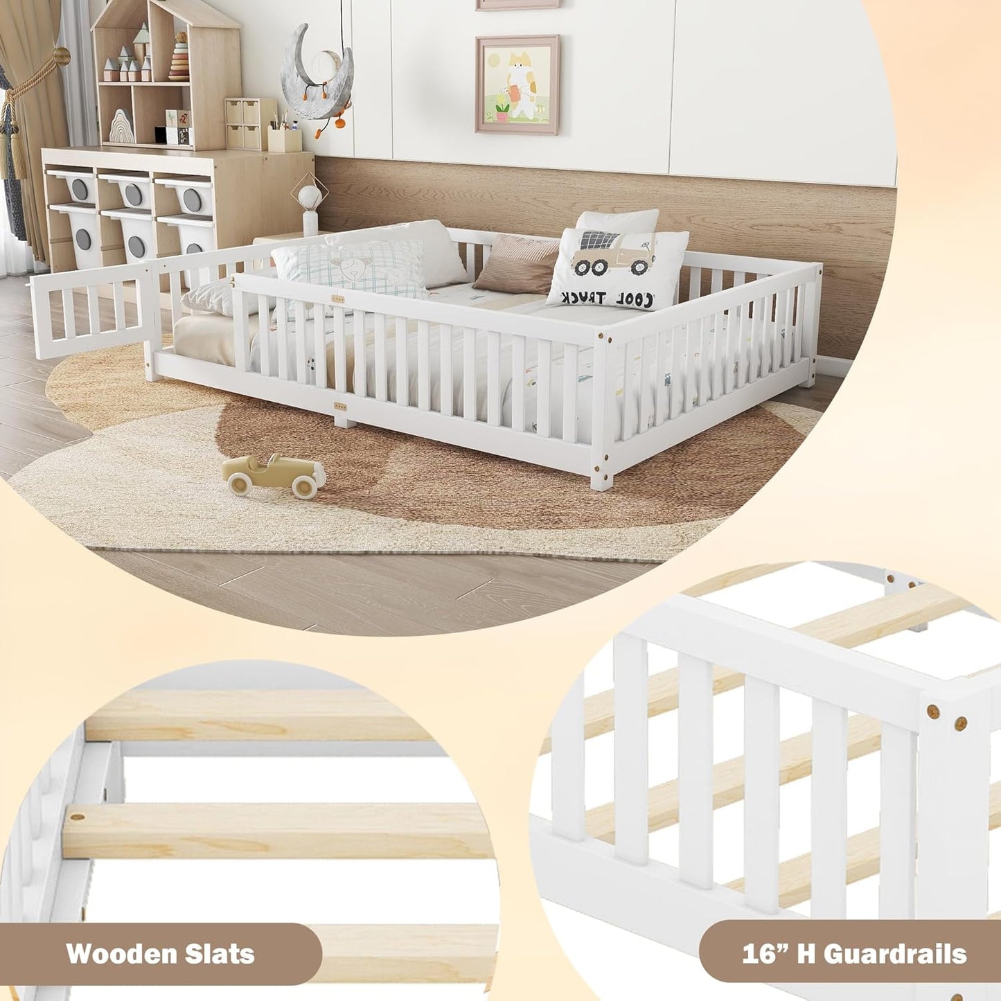 Queen Size Floor Bed Frame with Slats and Safety Guardrail, Wood Queen Size Montessori Floor Bed with Door and Fence, Easy Assemble Montessori Beds for Kids, Girls, Boys, White