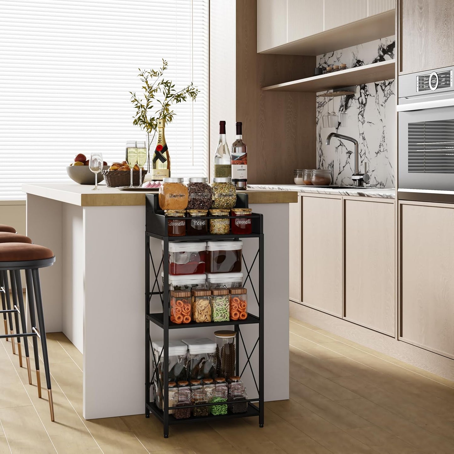 KLM Liquor Bottle Display Shelf, Liquor Cabinet bar for Home, 4 Step Liquor cabinetck, Mini bar,Liquor Cabinet, Home Retro Bar Shelf Stand for Liquor Whiskey, Spirits（Black）