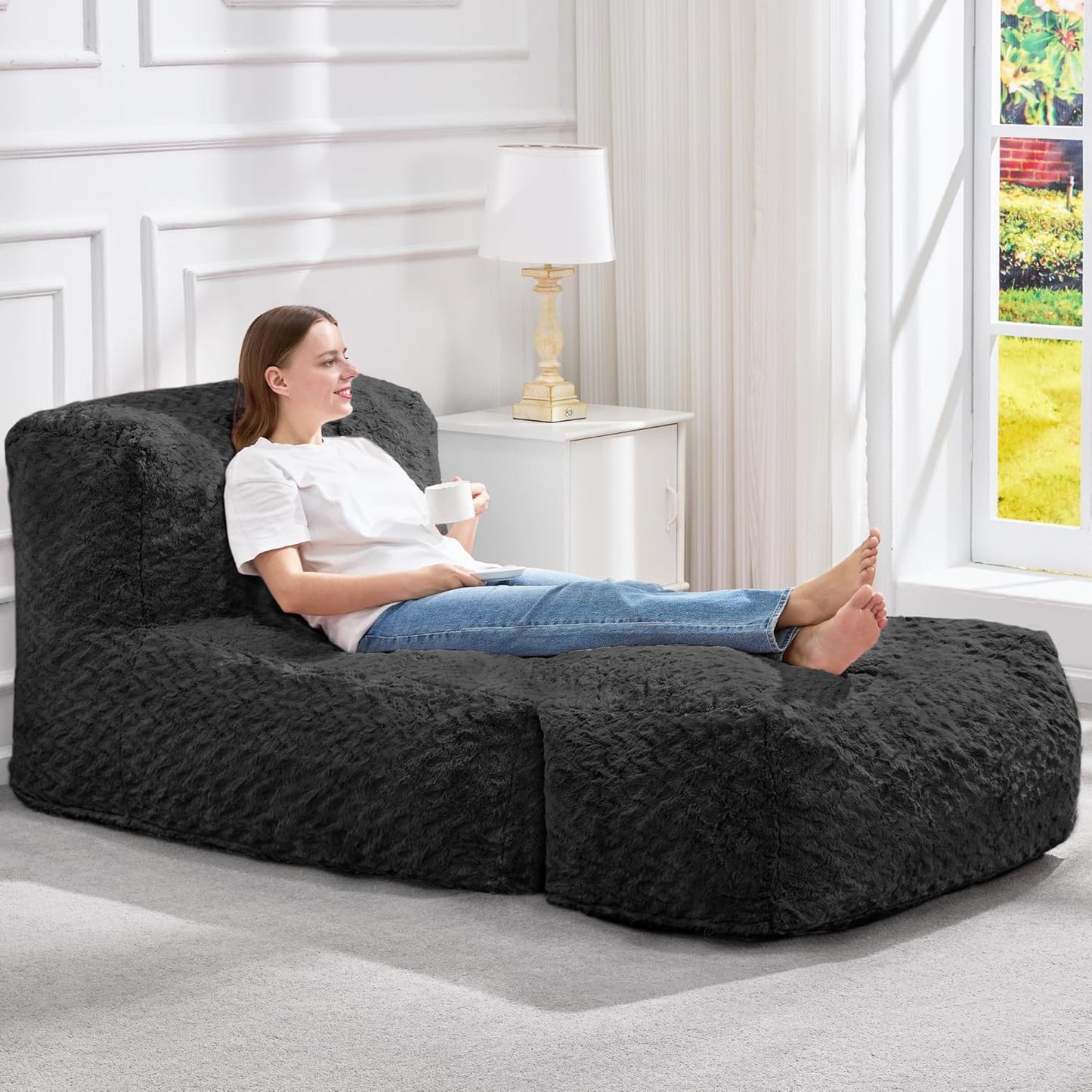 Hobestluk Bean Bag Chair Big Bean Bag Lounger for Adults Bean Bag Couch with Memory Foam Filled for Living Room, Bedroom or Balcony (Chevron Plush Black)