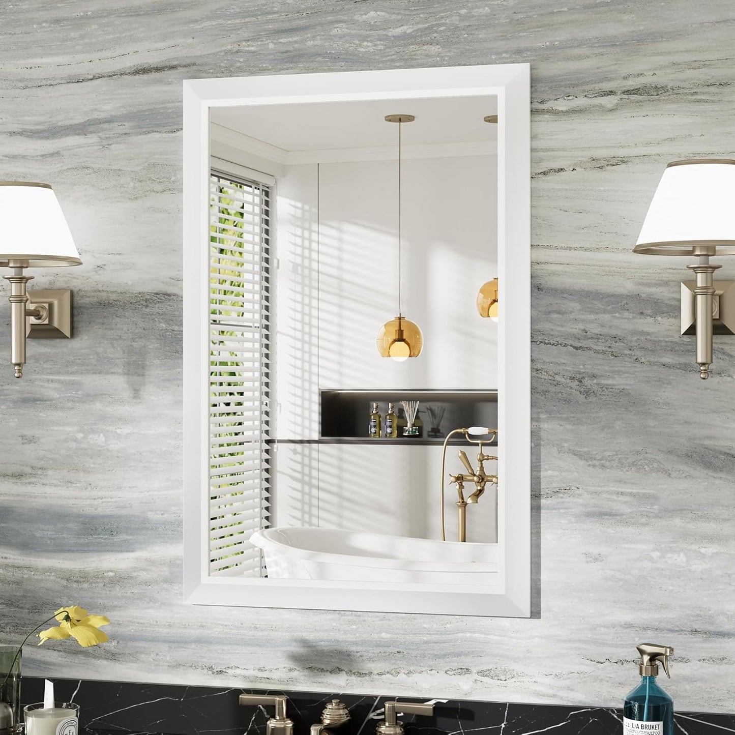 24x36 Inch White Bathroom Mirror for Wall, Thick Metal Framed Rectangle Mirrors for Over Sink, Bedroom, Living Room, Entryway, Anti-Rust, HD Tempered Glass