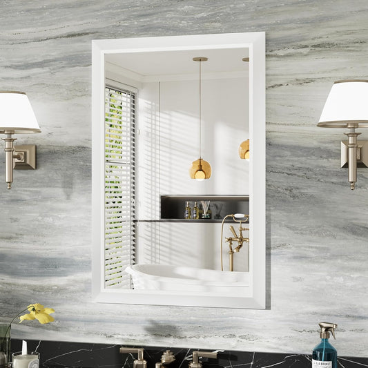24x36 Inch White Bathroom Mirror for Wall, Thick Metal Framed Rectangle Mirrors for Over Sink, Bedroom, Living Room, Entryway, Anti-Rust, HD Tempered Glass