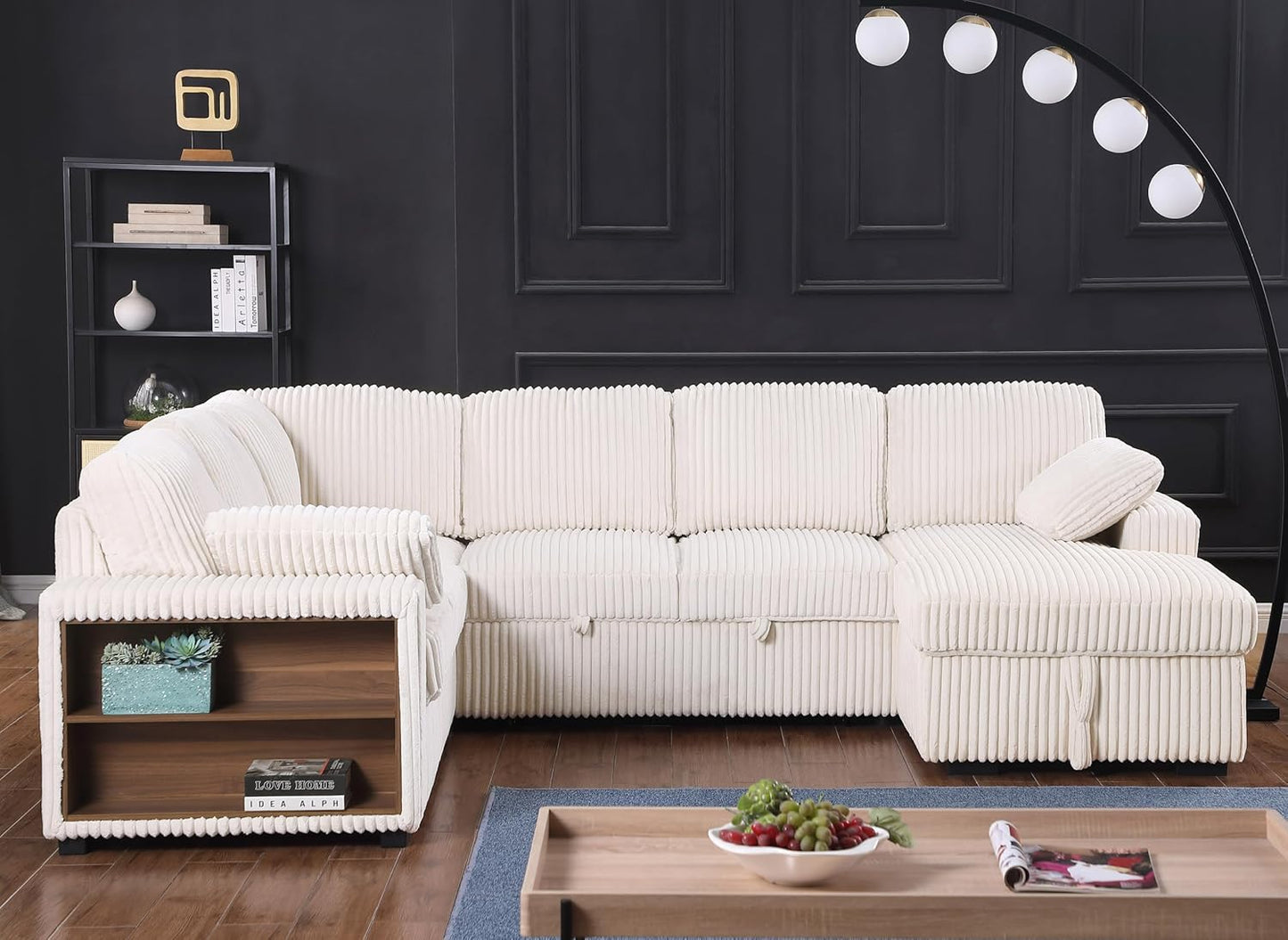 Eafurn Oversized Convertible U Shaped Sleeper Sectional Sofa Pull Out Couch Bed, 6 Seater Corduroy Upholstered Pullout Lounge Sofa Couch Sofabed w/Storage Chaise, Shelves for Living Room Apartment