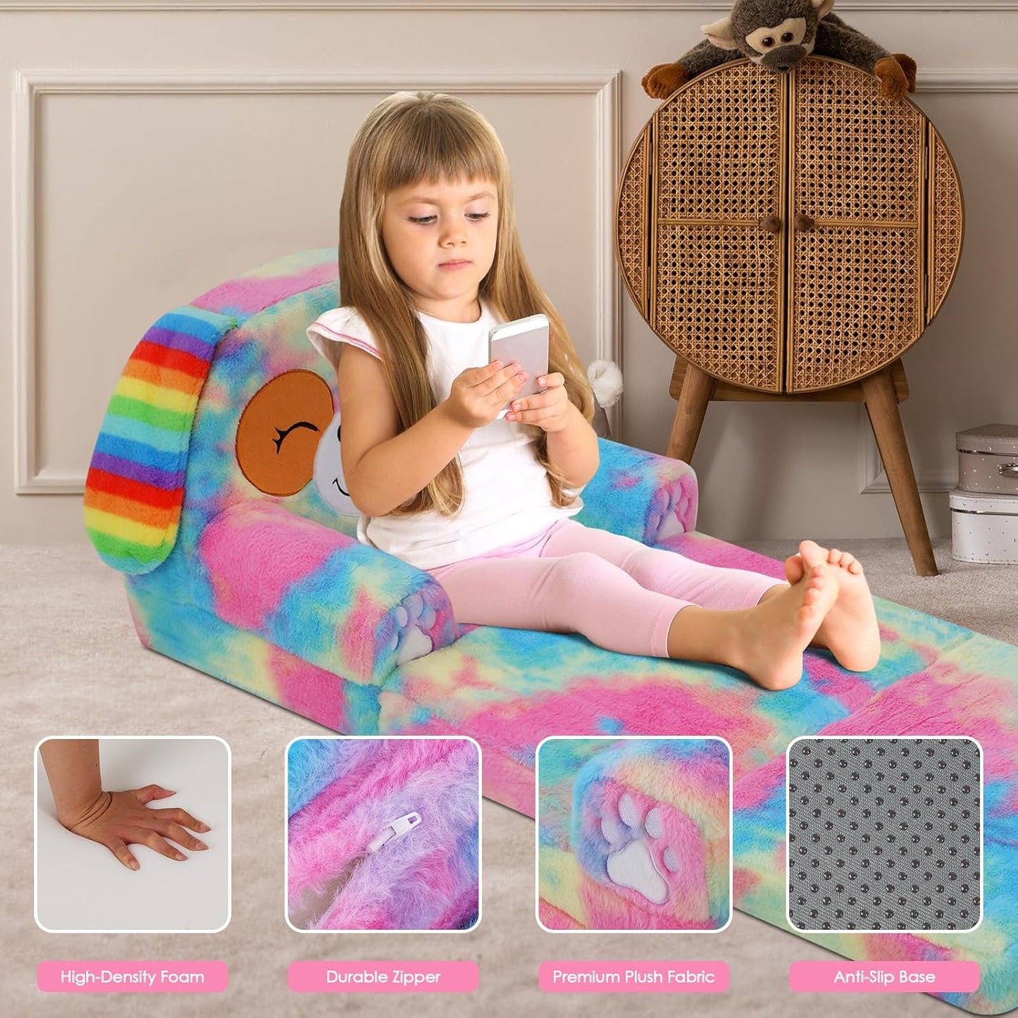 Kids Couch Comfy Foldable Kids Sofa to Lounger 2 in 1 Toddler Chair Plush Baby Sleeper Chair for Playing and Napping, Birthday Gifts for Boys and Girls