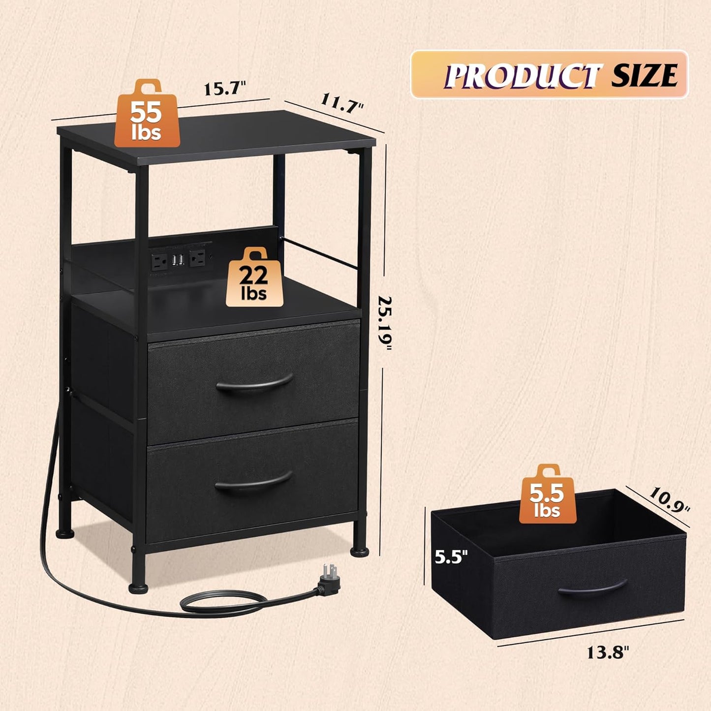 WLIVE Night Stand Set of 2 with Charger Station, Black Nightstand Sets with 2 Fabric Drawers and Storage Shelf, LED Bedside Table, Bedroom Small End Tables with 3 USB Ports and 2 AC Outlets