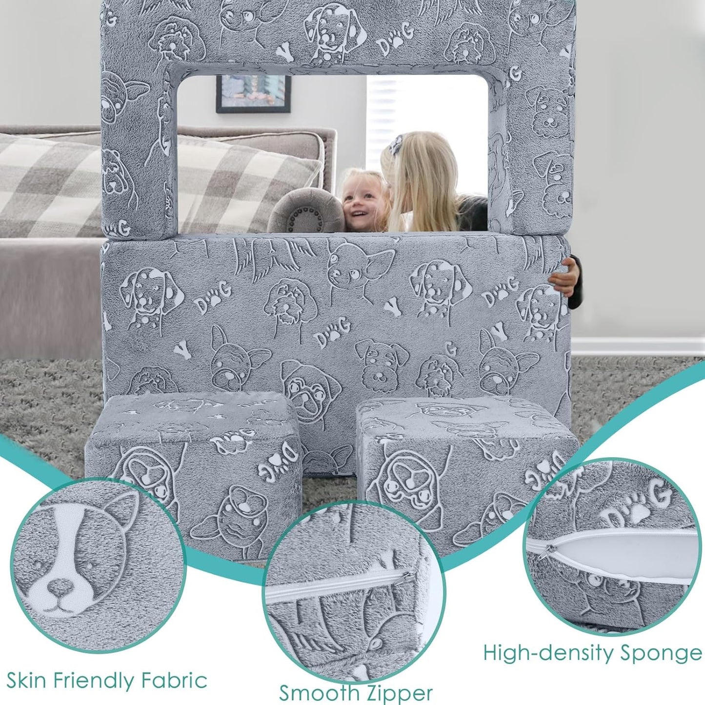 MeMoreCool Kids Sofa Couch, Glow in Dark Toddler Chair Fold Out, Modular Play Couch for Playroom, Child Foam Blocks Convertible Baby Furniture (Glowing Dogs)