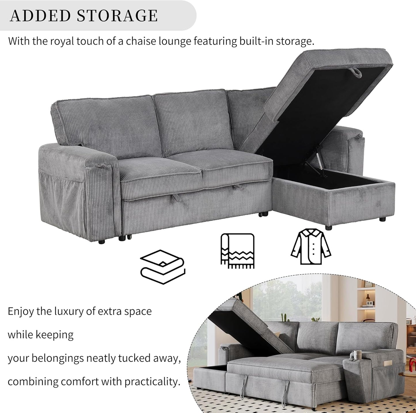 96.1 Inch L-Shaped Convertible Sectional Sleeper Sofa with Pull Out Bed, Storage Bags and 2 Hidden Cup Holders on Arms, Upholstered Corner Couch for Living Room Office Apartment, Gray