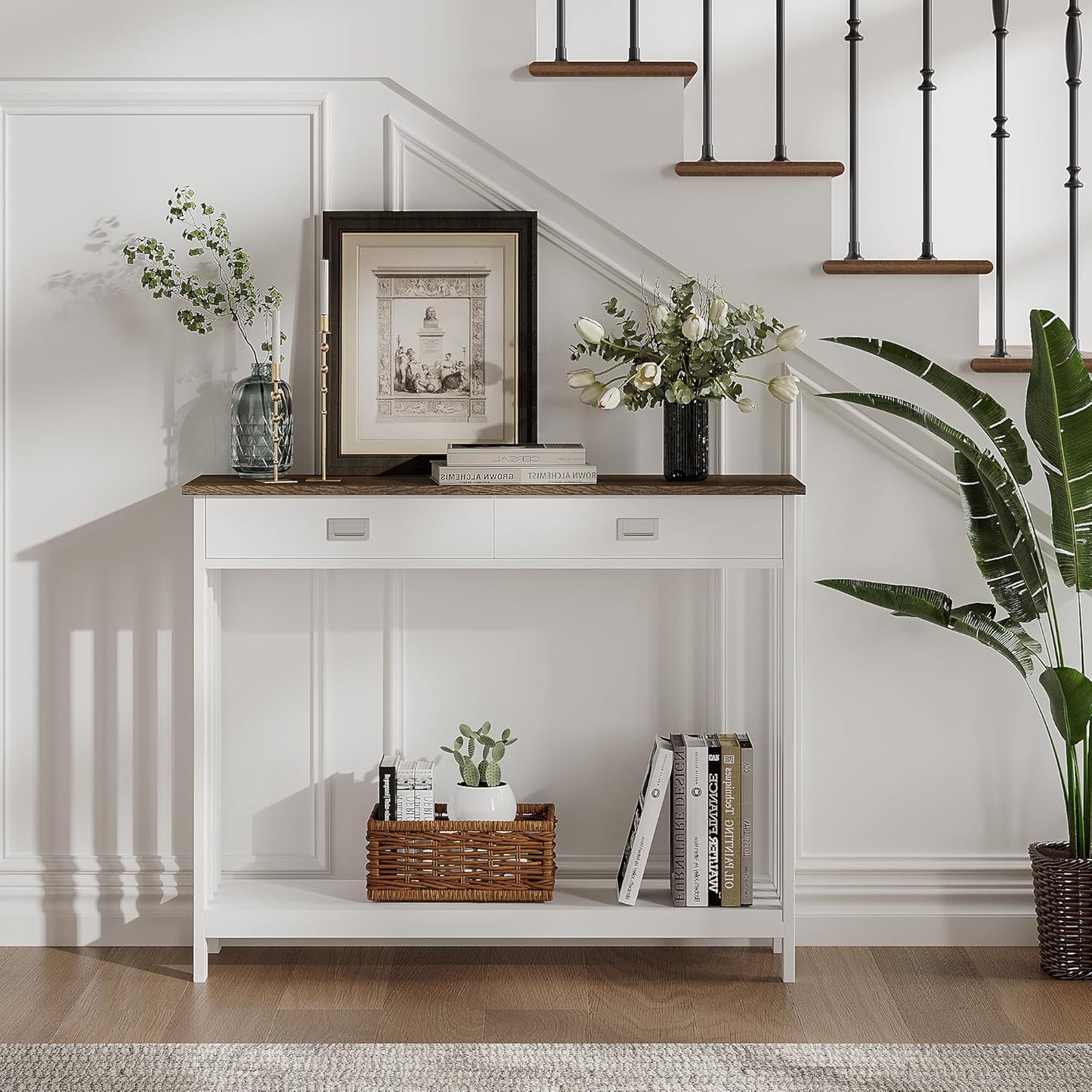 ChooChoo Farmhouse Console Table with Drawer, Mission Narrow Entryway Sofa Table with Storage, for Entryway, Living Room and Hallway, Soft White and Brown