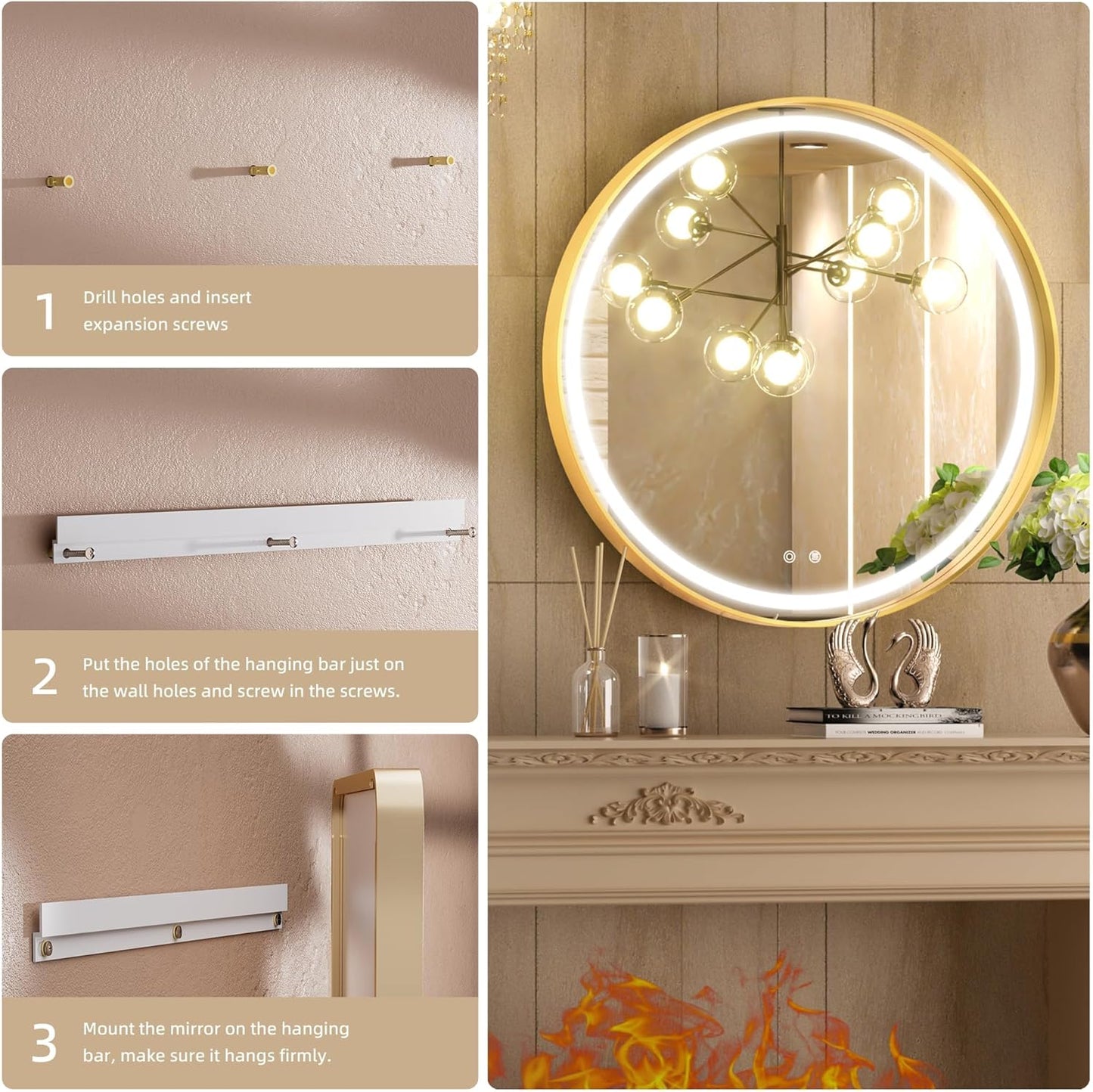 Hasipu 24 Round LED Mirror for Bathroom with Lights, Gold Circle Vanity Mirror for Wall, Metal Framed Frontlit Bathroom Mirrors Anti-Fog, Dimmable, 3 Colors Makeup Mirror Wall Mounted