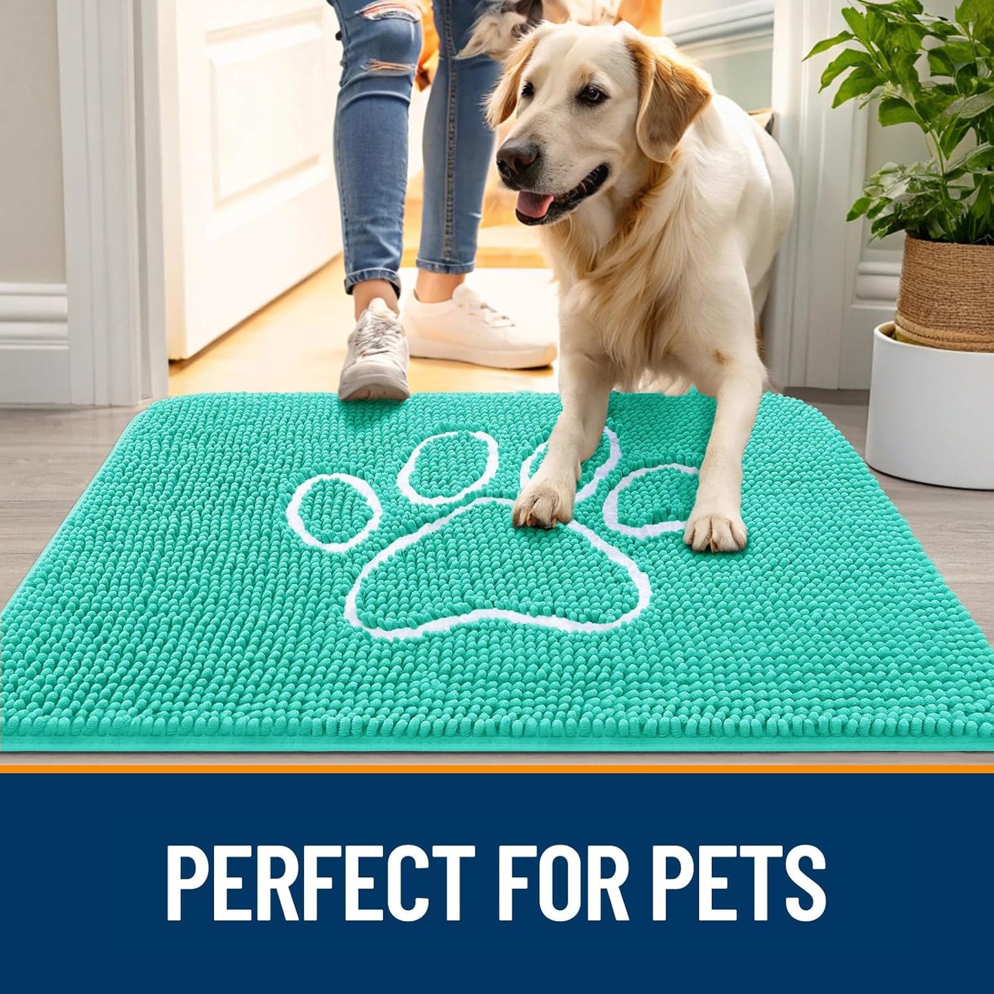OLANLY Door Mat for Muddy Dog Paws 24x16, Ultra Absorbent Chenille Mud Doormat with Paw Print Design, Non-Slip Washable Doormat for Indoor Entryway, Quick-Dry Pet Bed Mats for Dirty Dogs, Teal