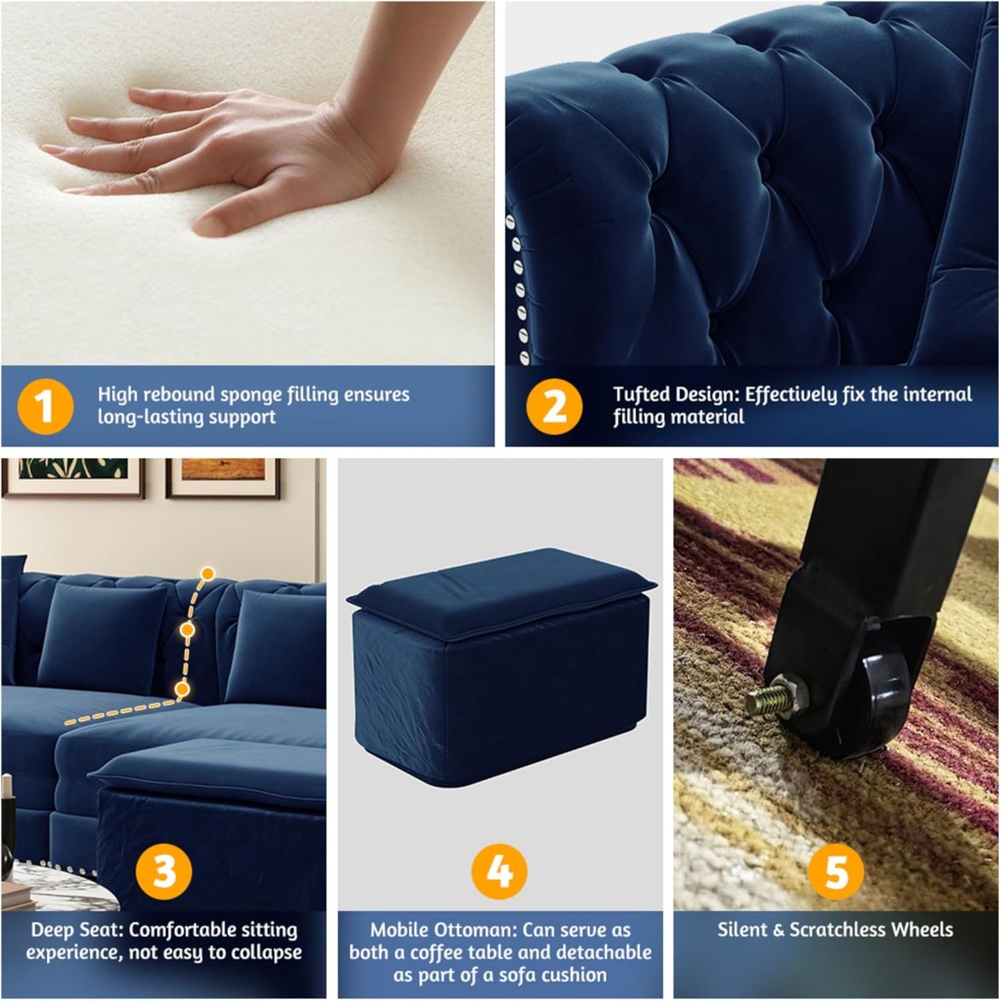 KEIKI King Size Convertible Chesterfield Sofa Bed, 89" Velvet Couch with Ottoman, Tufted Design, 3-in-1 Sleeper Sofa for Living Room, Bedroom, or Office, Blue