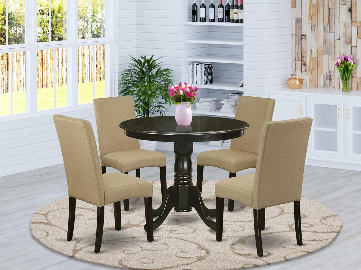 East West Furniture ANDR5-CAP-03 5 Piece Kitchen Table & Chairs Set Includes a Round Dining Room Table with Pedestal and 4 Brown Linen Fabric Parson Dining Chairs, 36x36 Inch, Cappuccino