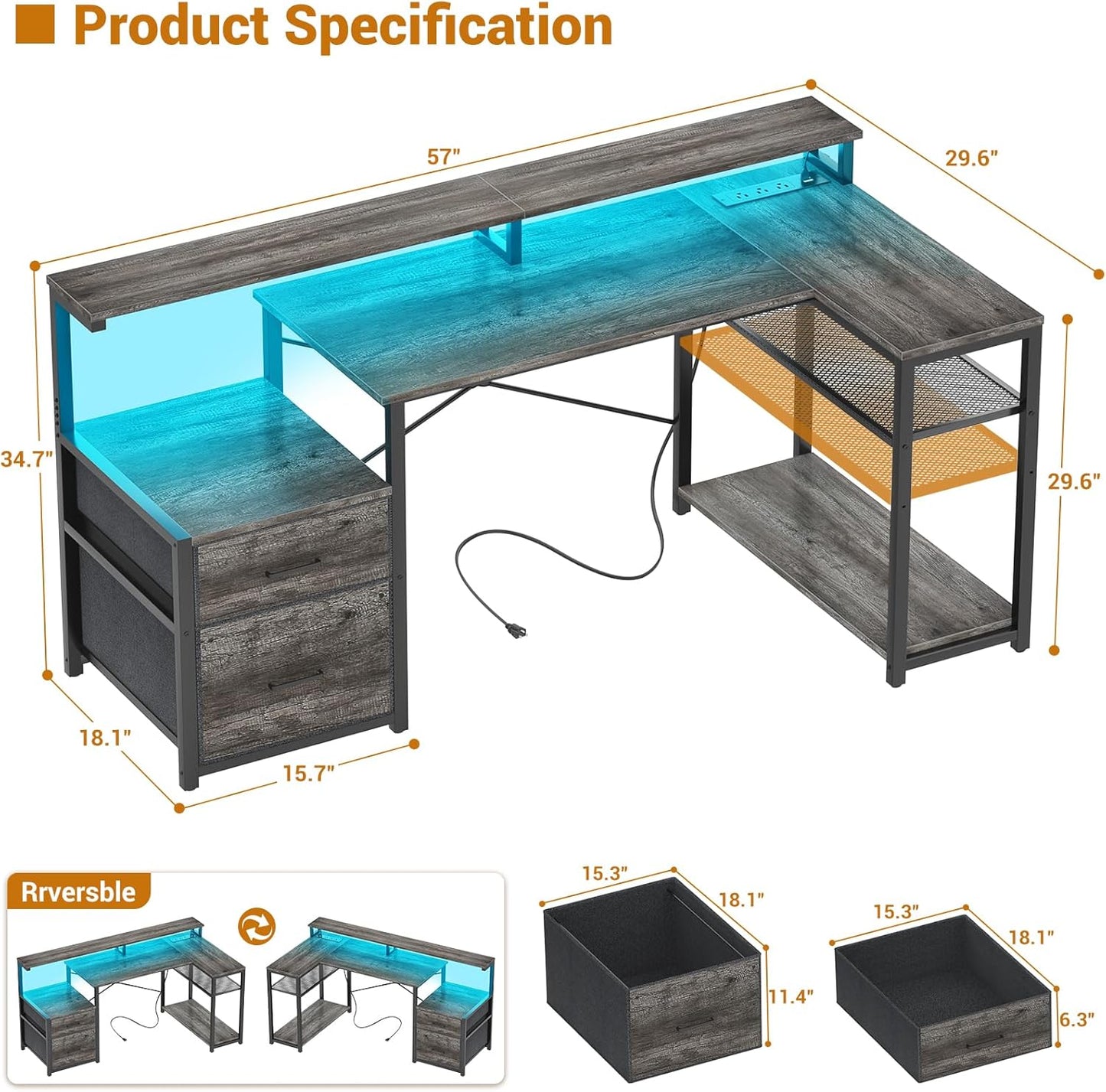 Aheaplus L Shaped Desk with File Drawer, Reversible L Shaped Computer Desk Gaming Desk with Power Outlet & LED Strip, Home Office Desk with Monitor Shelf, Corner Desk with Storage Shelves, Grey Oak