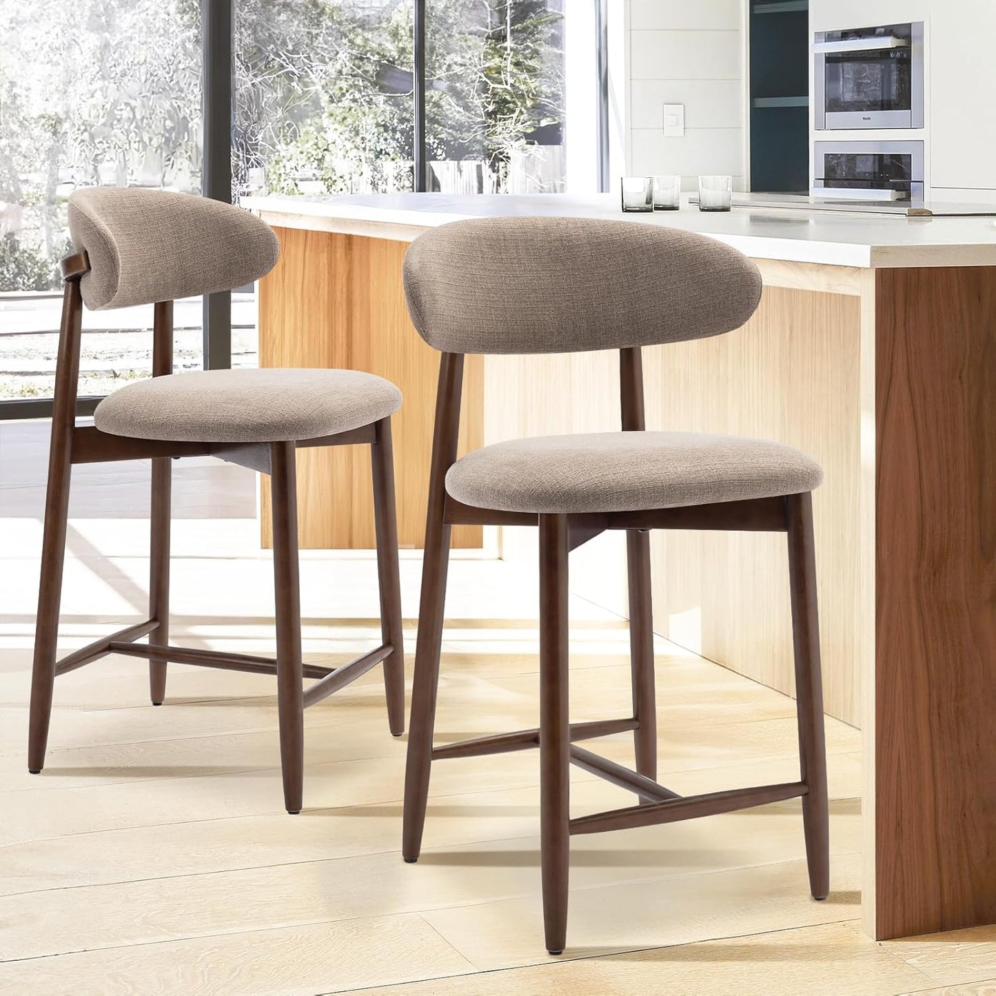 COLAMY Bar Stools Set of 2, Counter Height Barstools, Upholstered Counter Stools with Wood Legs for Kitchen Island Dining Room, Camel