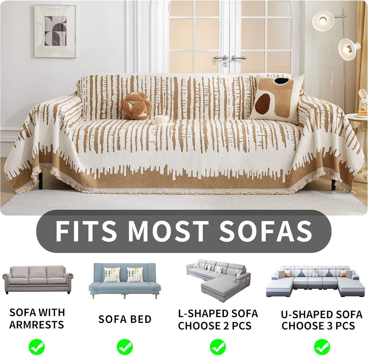 HAOMAIJIA Boho Sofa Covers Couch Covers for 3 Cushion Couch Sofa Pet Friendly Soft Thick Non Slip Couch Cover for Dogs Washable Sectional Couch Covers L Shape Furniture Protecto (XF-Khaki, 71"x134")