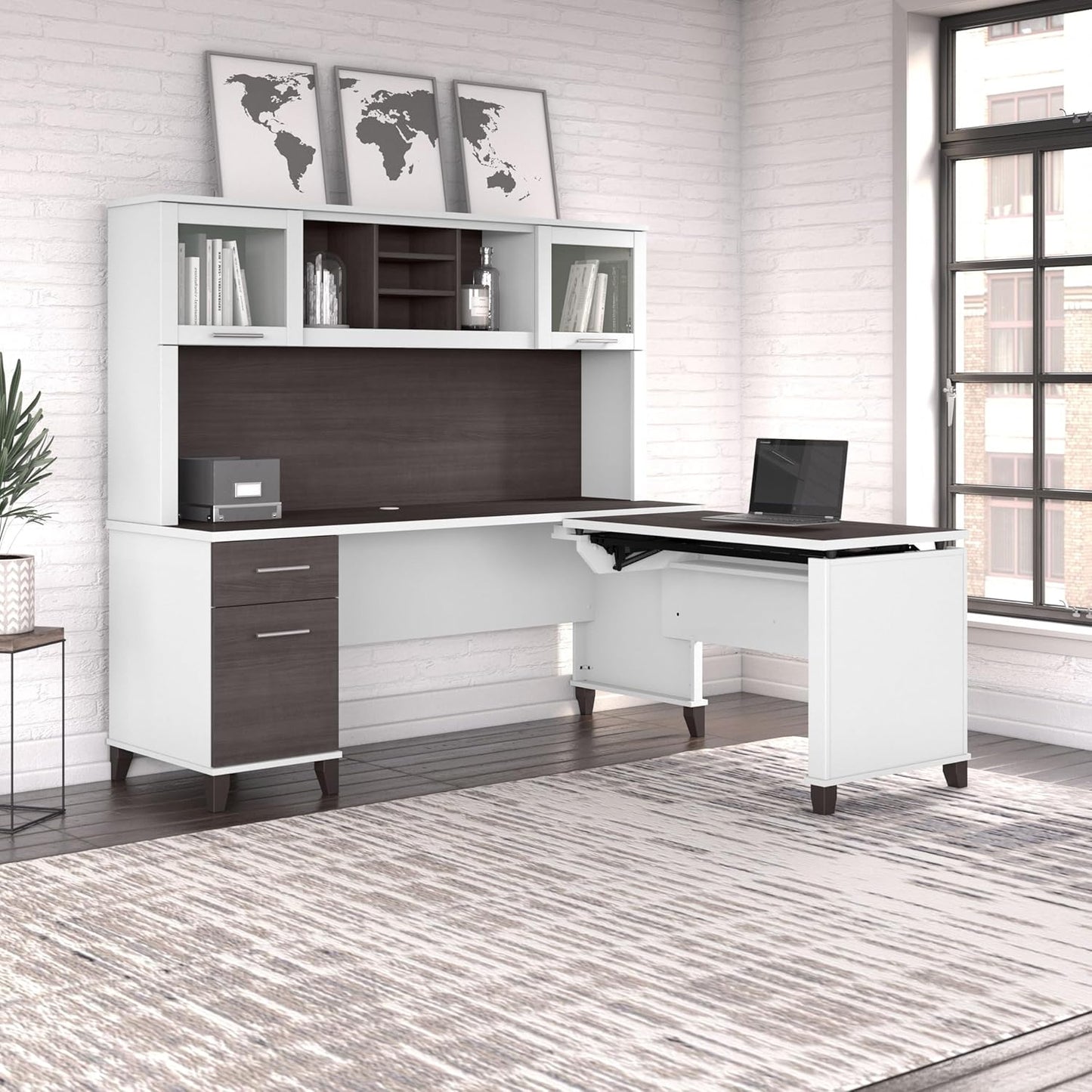 Bush Furniture Somerset 72W 3 Position Sit to Stand L Shaped Desk with Hutch in White and Storm Gray