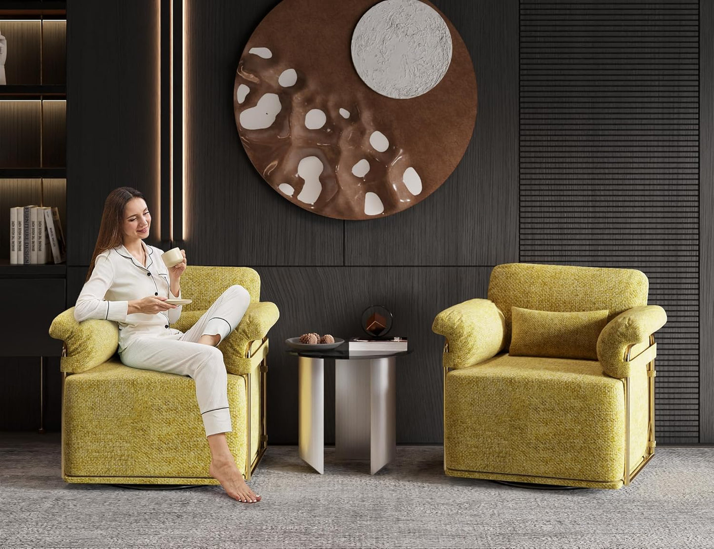 KEIKI Modern Comfy Swivel Accent Reading Chair with Waist Pillows, 360°Square Upholstered Barrel Armchair Single Club Lounge Sofa Chairs for Living Room,Bedroom,Office,Yellow