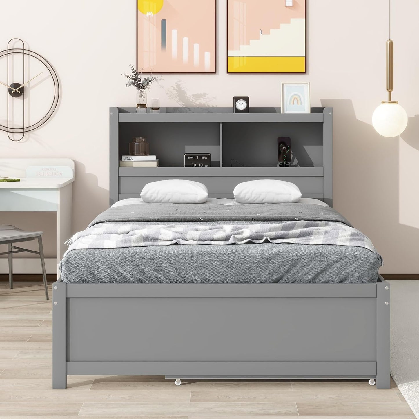 Full Size Pine Wood Platform Bed with Trundle,Drawers,2 Ports and 2 USB Plugs,Storage Bed with Pull Out Shelves,No Box Spring Needed,Perfect for Adults,Teens Bedroom Furniture,Gray