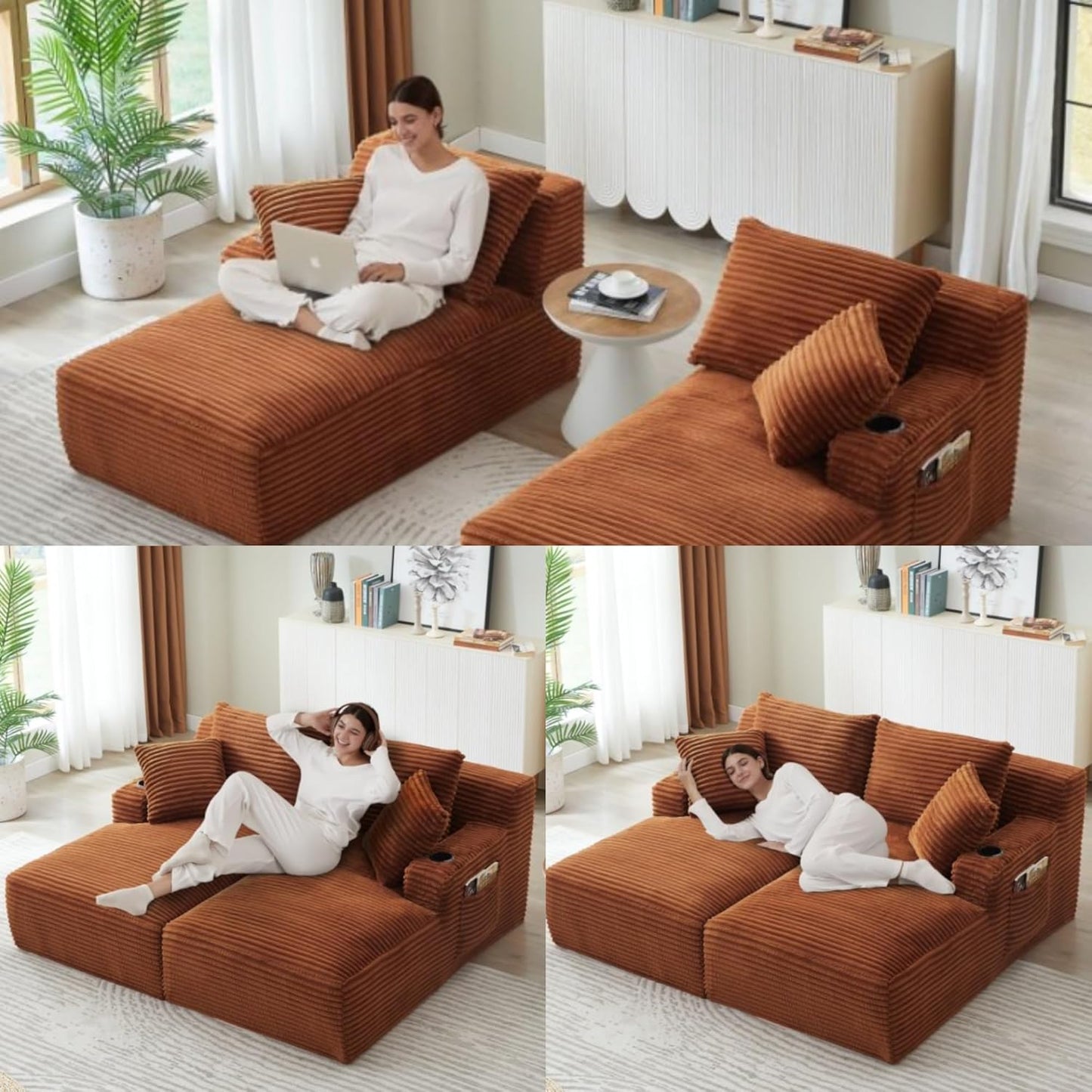 Oversized Sectional Double Chaise Lounge, Compressed Boneless Lounge Chaise with Cupholders, Boneless Sofa with Deep Seat, Fluffy Modern Sleeper Loveseat for Indoor Living Room, Orange