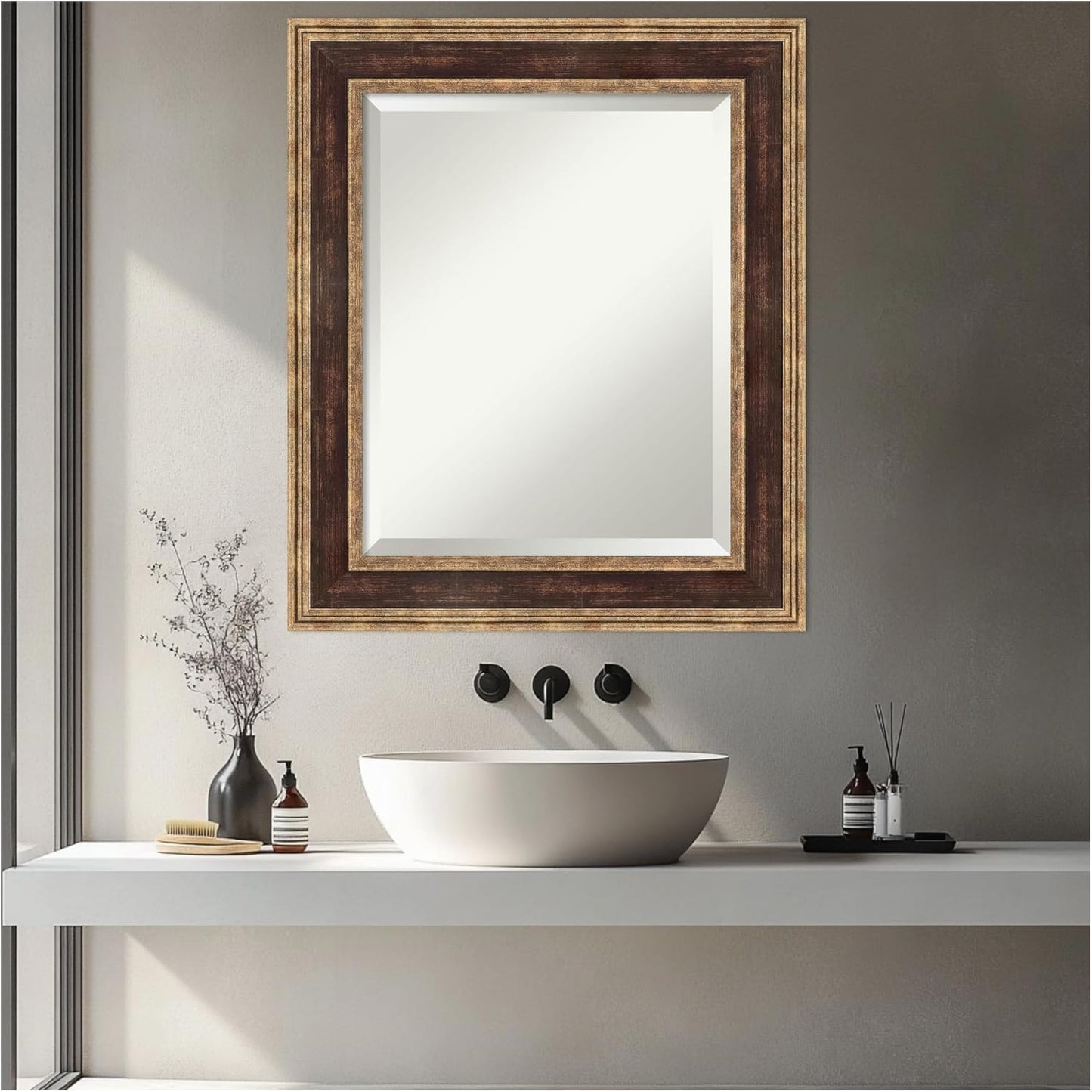 Amanti Art Bronze Bathroom Mirror for Over Sink, 26x22 Ridge Light Bronze Rectangle Vanity Mirror, Small Traditional Frame, Hangs Horizonally and Vertically, Bathroom Wall Decor, Beveled Edge