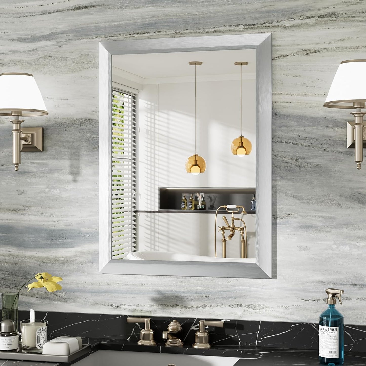 24x32 Inch Silver Bathroom Mirror for Wall, Thick Metal Framed Rectangle Mirrors for Over Sink, Bedroom, Living Room, Entryway, Anti-Rust, HD Tempered Glass