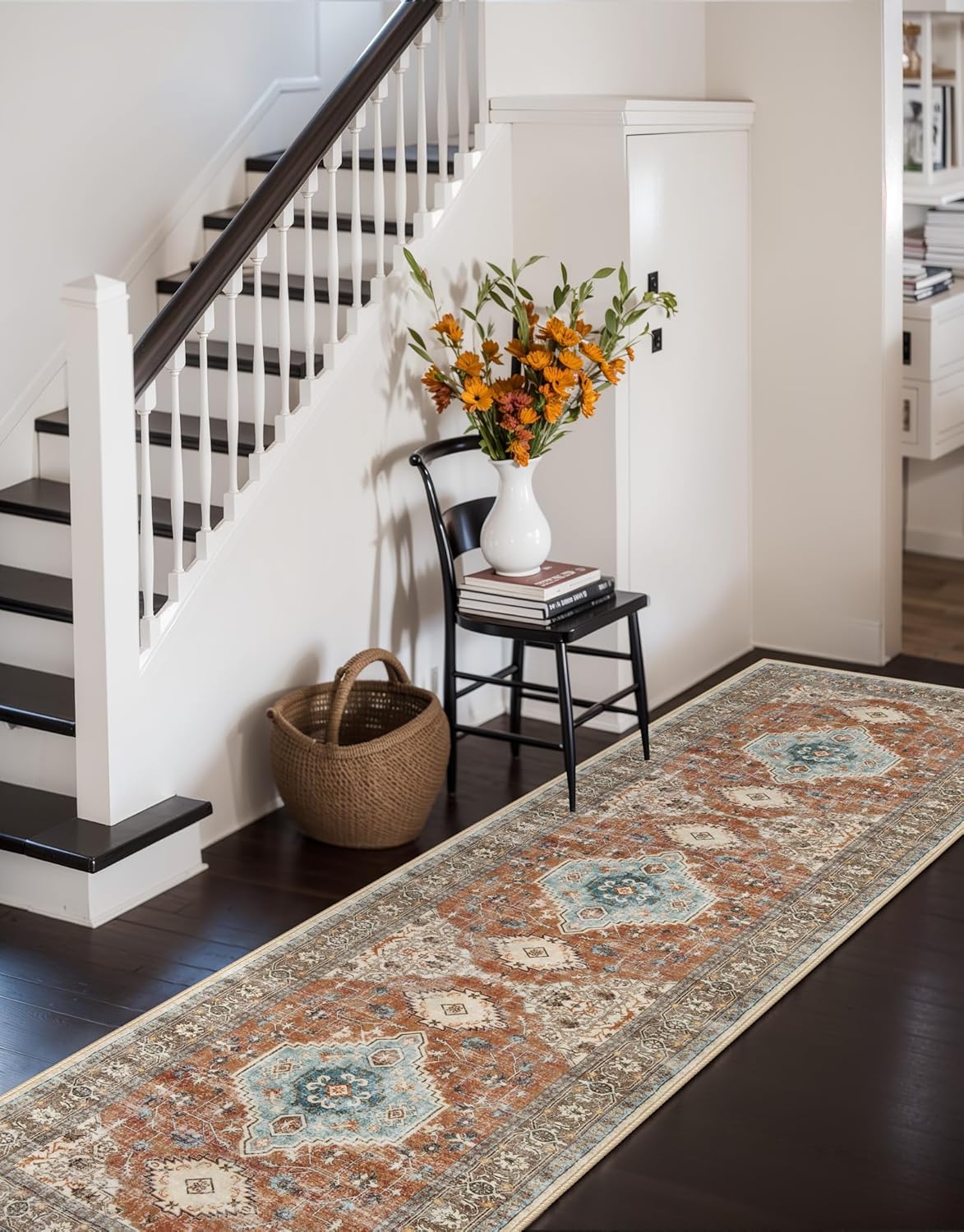 Lahome Oriental Hallway Runner Rug, 2.5x8 Kitchen Runner Non Slip Ultra-Thin, Soft Washable Hallway Rug Non Shedding Long Carpet for Entryway ‎Laundry Room Bathroom, Orange/Multi