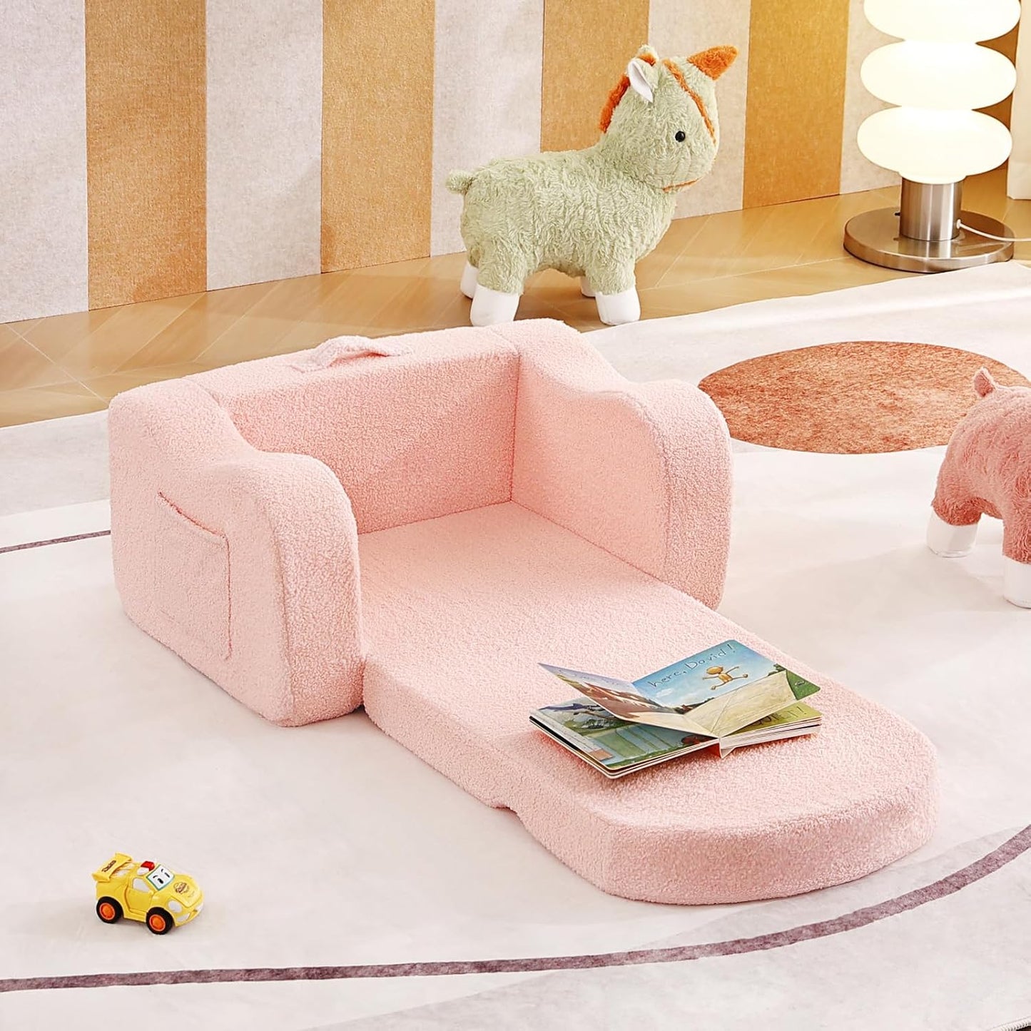 Tiita Kids Chair Couch, Folding Toddler Comfy Sofa Chairs, 2-in-1 Kids Plush Sofa Fold Out, Baby Armrest Chair Sofa to Lounger, Convertible Play Sofas to Bed for Girl or Boy, Pink