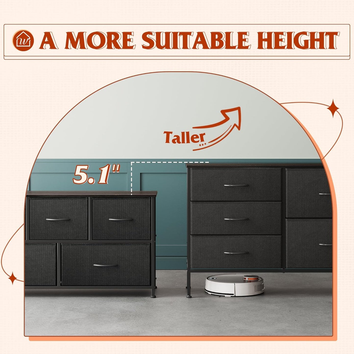 WLIVE Dresser for Bedroom with 5 Drawers, Wide Bedroom Dressers with Drawer Organizers, Chest of Drawers, Fabric Dresser for Living Room, Closet, Hallway, Charcoal Black