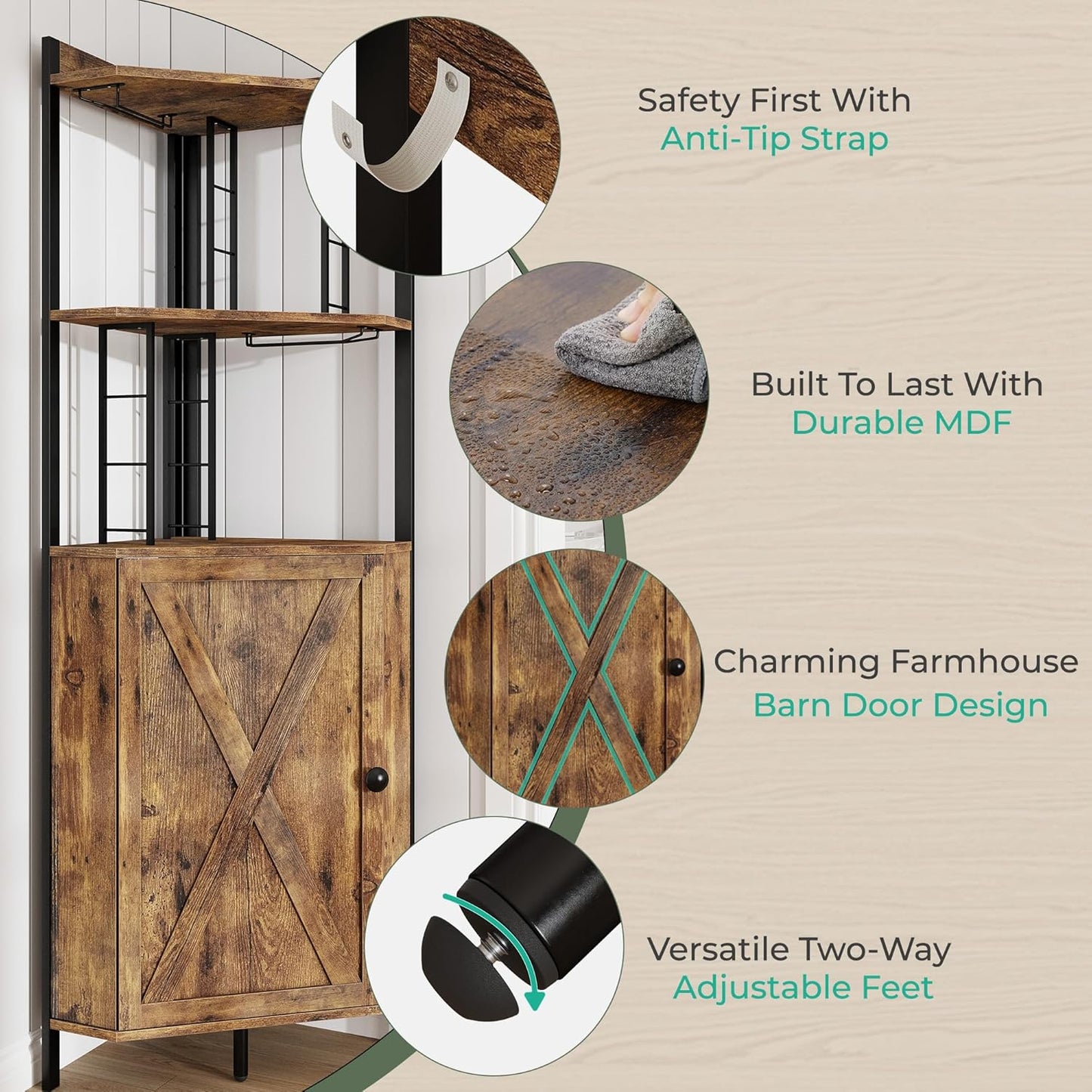 63” Corner Bar Cabinet with Wine Rack, 5-Tier Farmhouse Liquor Cabinet with Glass Holder, Adjustable Shelves & Barn Door, Rustic Brown Home Bar Storage for Living Room & Kitchen