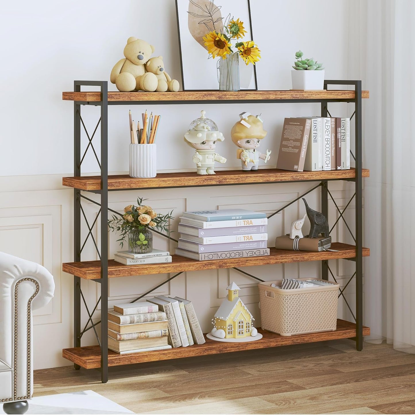 HCHQHS Large Bookshelf, 4-Tier Long Industrial Bookcase, Rustic Brown Book Shelf, Freestanding Horizontal Bookshelves with Metal Frame
