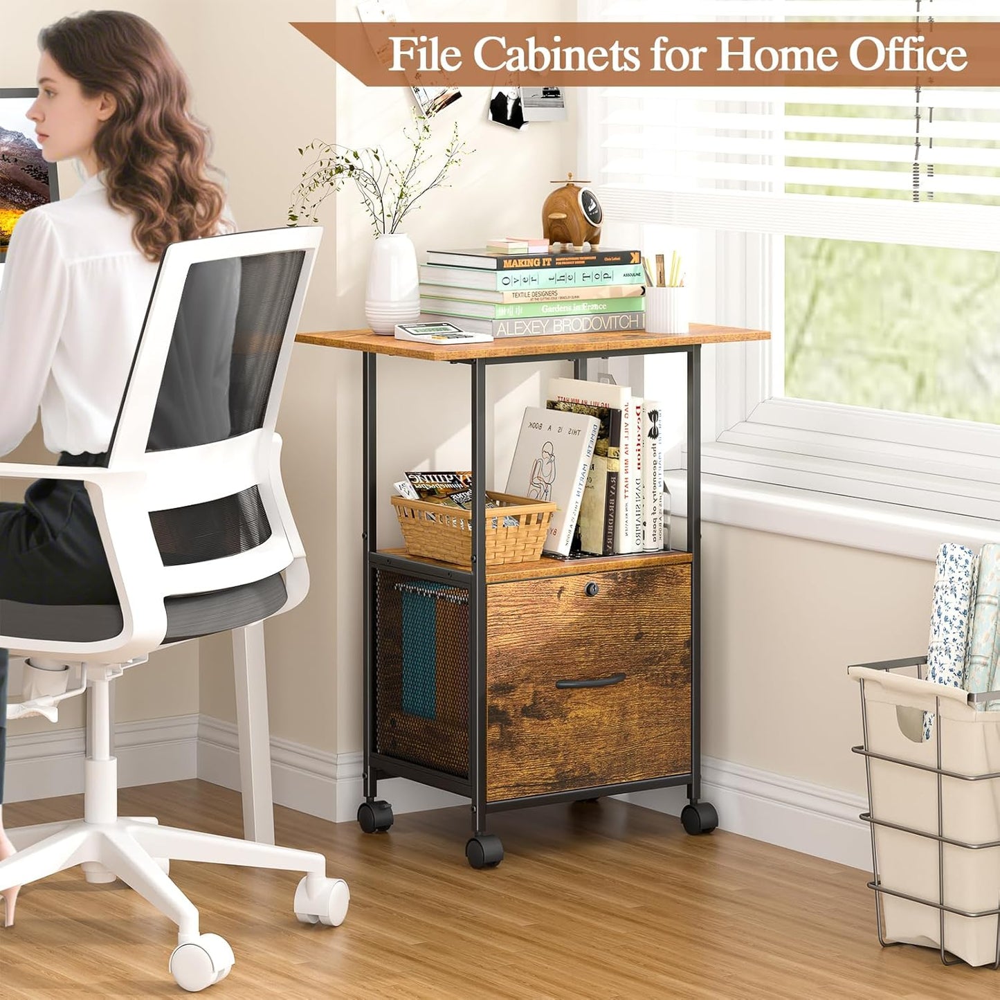 Small Filing Cabinet with Lock, Printer Stand with File Storage, Rolling Locking File Cabinet with Drawer Vertical File Cart with Wheels, Lockable Filing Cabinet for Home Office