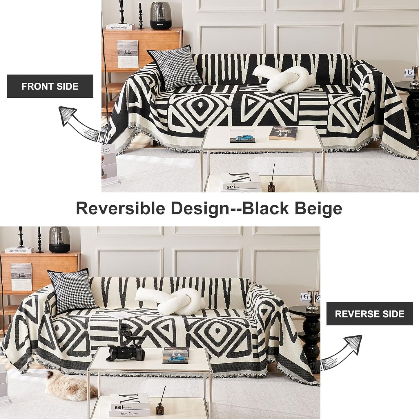 STACYPIK Reversible Boho Couch Cover Ivory Black Futon Armchair Slipcovecrs Anti-Slip Sofa Cover for Dogs Cats Geometric Triangle Couch Cover Versatile Furniture Protector for 2 Cushion Couch-71X102IN
