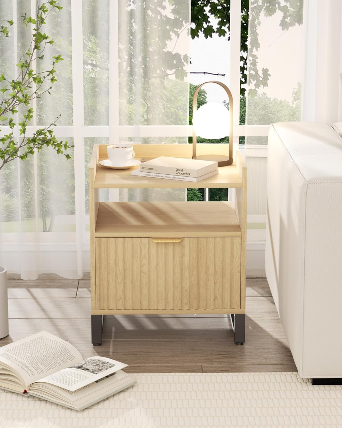 Fluted Night Stand with Charging Station, Wood Nightstand with Large Drawer and Open Storage Cabinet, Mid-Century Modern Bedside Table End Table for Bedroom Closet Office