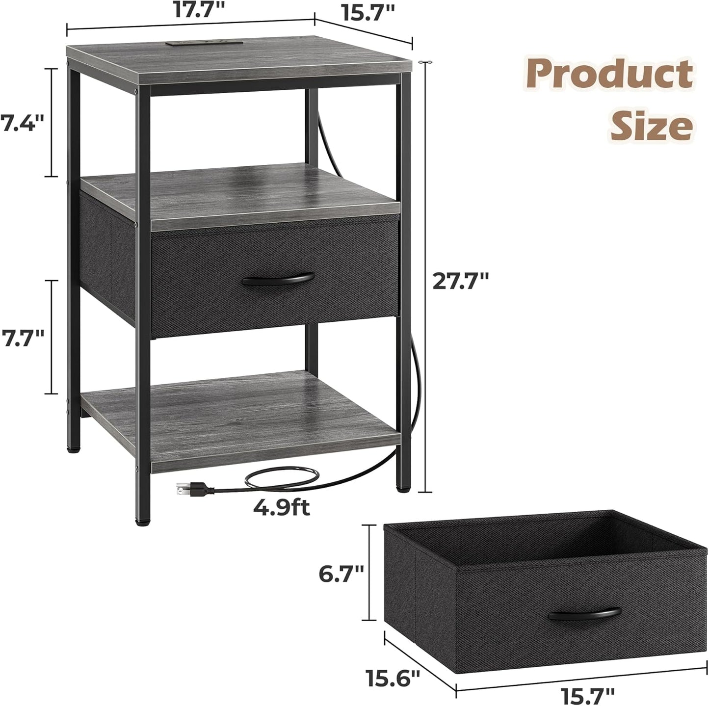 SUPERJARE Night Stand with Charger Station, 27.7 Inch Tall Nightstand with Adjustable Fabric Drawer, Bed Side Table, Fabric Drawer Dresser for Bedroom, Living Room, Charcoal Gray and Black
