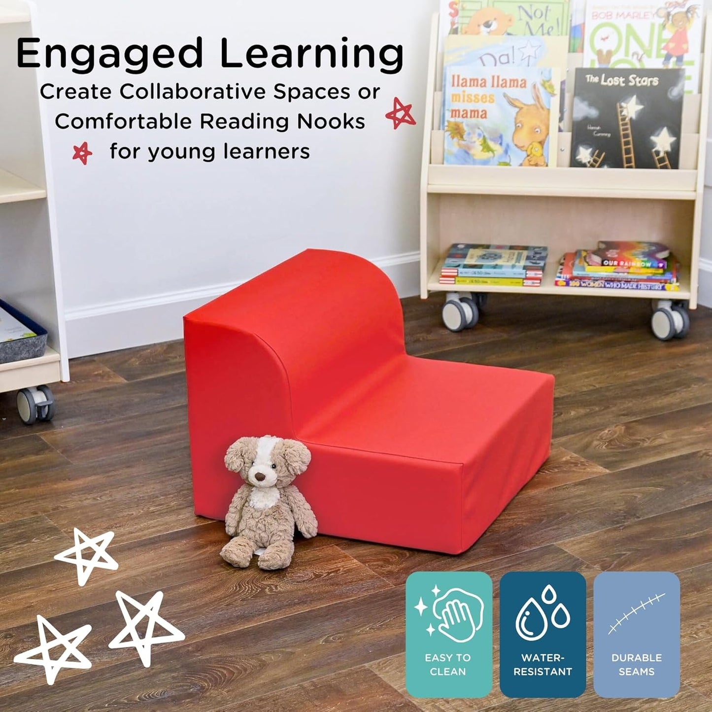 Children's Factory Library Lounger, Flexible Seating Classroom Furniture, Comfy Kids Chairs, Red, Single Lounger