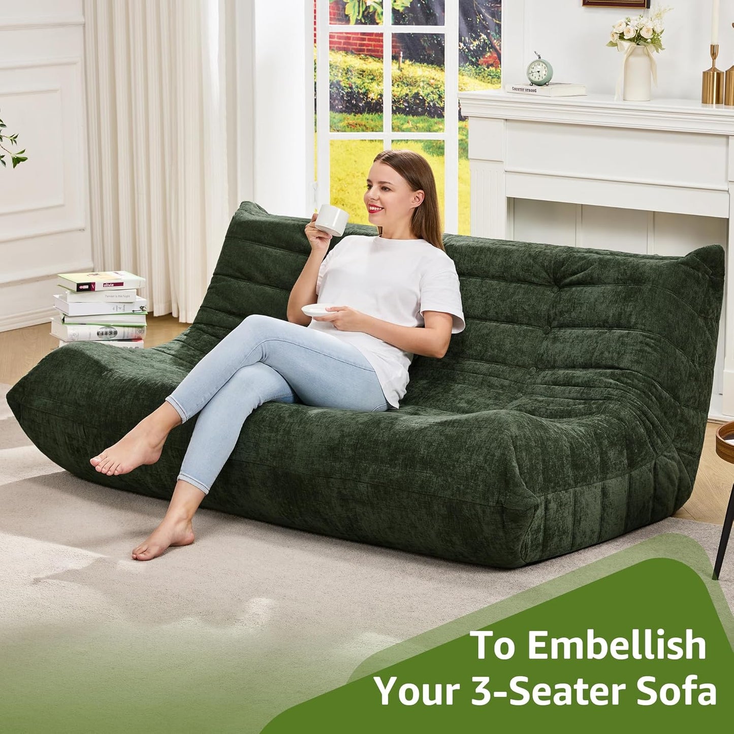 Hobestluk Bean Bag Chairs for Adults Giant Bean Bag Chair Memory Foam BeanBag Chair Bean Bag Sofa with Filler Faux Fur Fireside Beanbags Lazy Sofa for Living Room Bedroom (Green Chenille, 3-Seater)