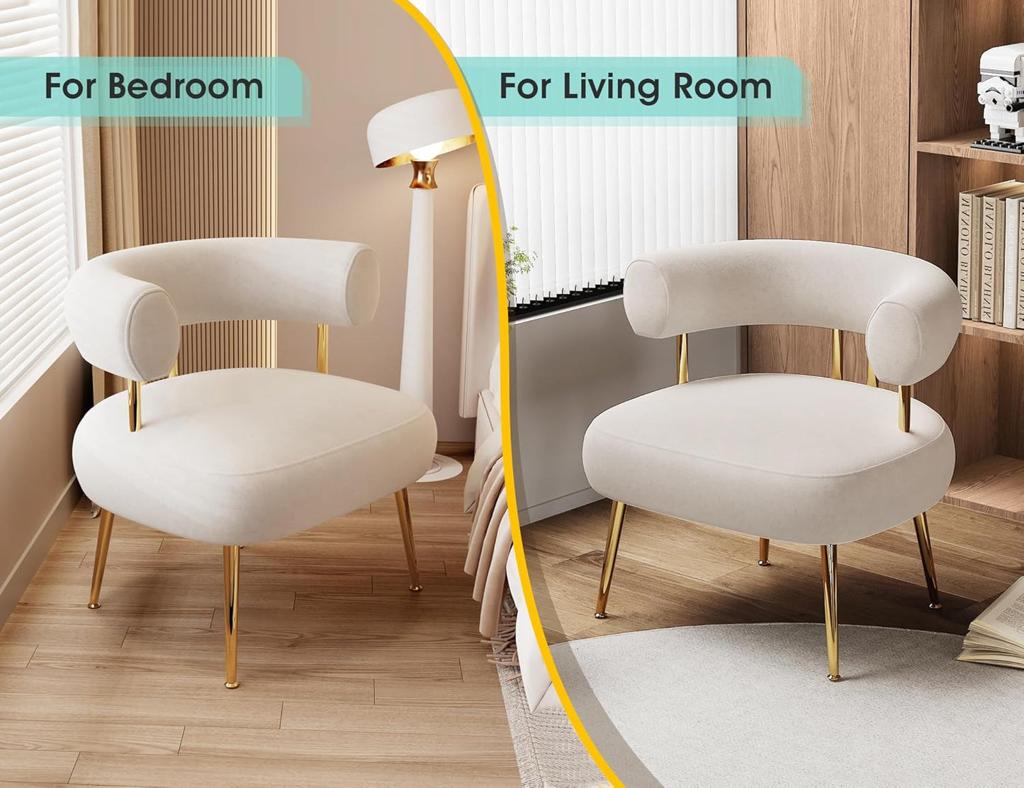 Modern Velvet Accent Chair, Round Upholstered Barrel Armchair for Small Spaces, Fluffy Side Corner Sofa Chair for Living Room, Bedroom, Vanity, Office, Reading Nook(Cream White)