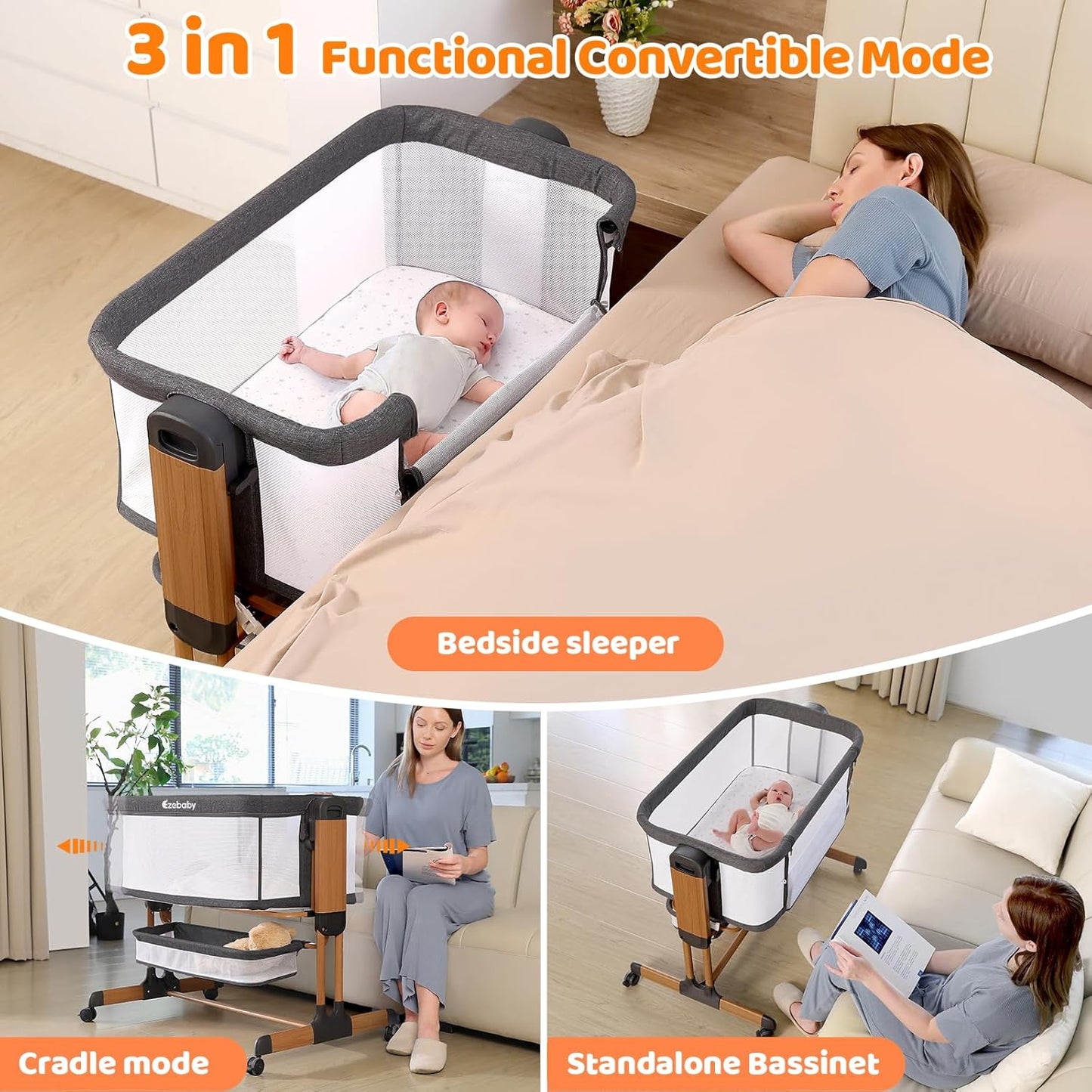 Ezebaby 3-in-1 Baby Bassinet, Rocking Baby Bassinets Bedside Sleeper, Adjustable Portable Crib for Newborn Infant with Wheels Storage Basket and Mesh Sides