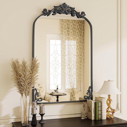 24x36 inch Vintage Arched Bathroom Mirror - Gorgeous Wall Vanity Mirror with Beautiful Retro Top and Bottom Engraving Process Frame for Entryway Hallway Living Room, Black
