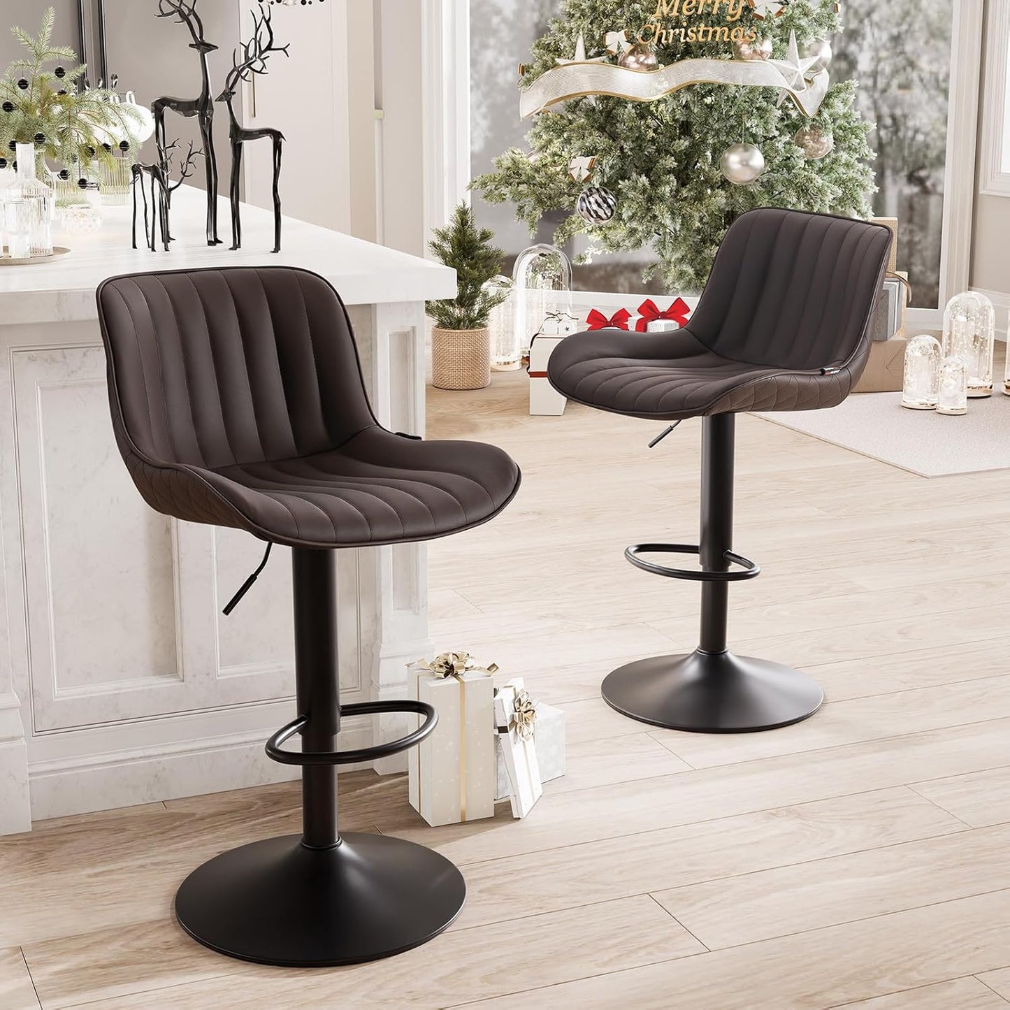 YOUNUOKE Counter Height Bar Stools Set of 2, Adjustable Swivel Stool Chairs with Back, Brown Faux Leather Upholstered, Mid-Century Modern Barstools for Kitchen Island, Dining Room, Home Bar, Bistro