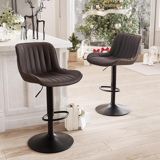 YOUNUOKE Counter Height Bar Stools Set of 2, Adjustable Swivel Stool Chairs with Back, Brown Faux Leather Upholstered, Mid-Century Modern Barstools for Kitchen Island, Dining Room, Home Bar, Bistro