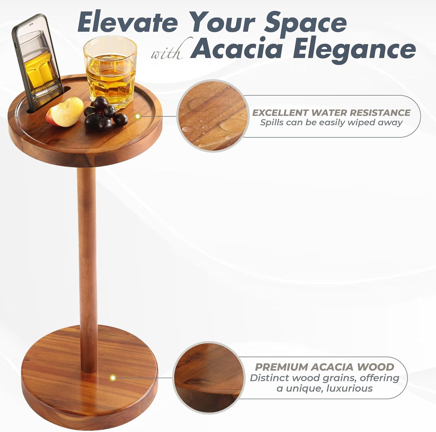 Pedestal Side Table, Acacia Drink Table with Weighted Base, Small Round Side Table for Small Spaces with Phone Holder, Martini & Cocktail Pedestal End Table for Living Room, RVs, Home Office