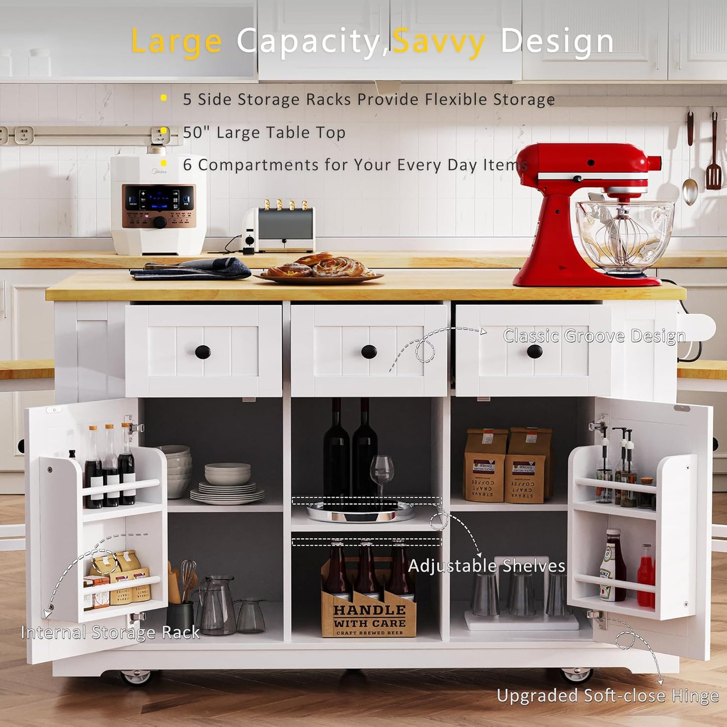YOTPO 53" Large Kitchen Island with Drop Leaf,Power Outlet & Door Internal Storage Rack,Rolling Kitchen Cart on 5 Wheels W/ 5 Open Side Racks for Kitchen,Dining Room,White(Not Include bar stools)