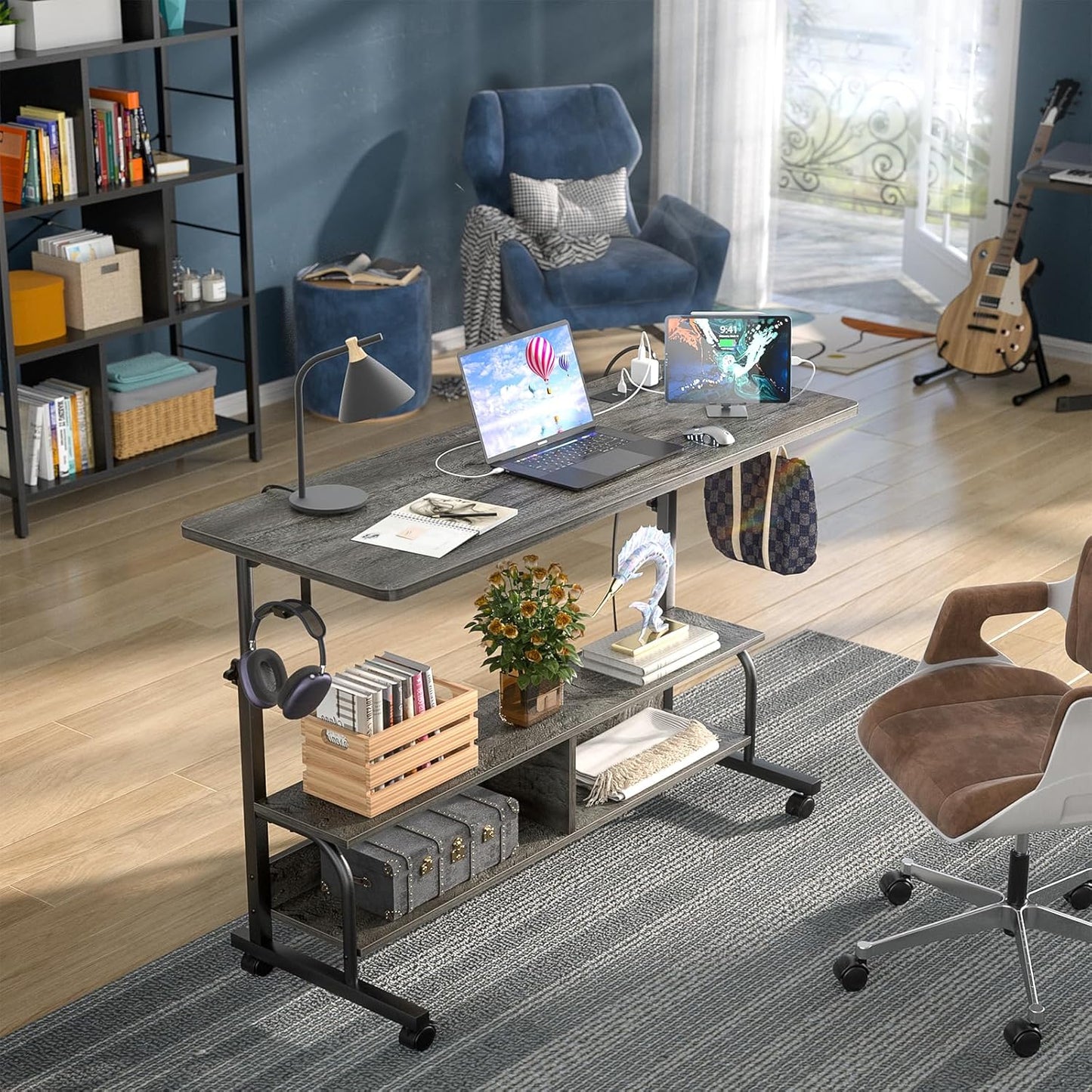 Height Adjustable Standing Desk with Power Outlets, 47" Manual Stand Up Desk with Storage Shelves Small Mobile Rolling Computer Desk Portable Laptop Table with Wheels for Home Office, Grey Oak