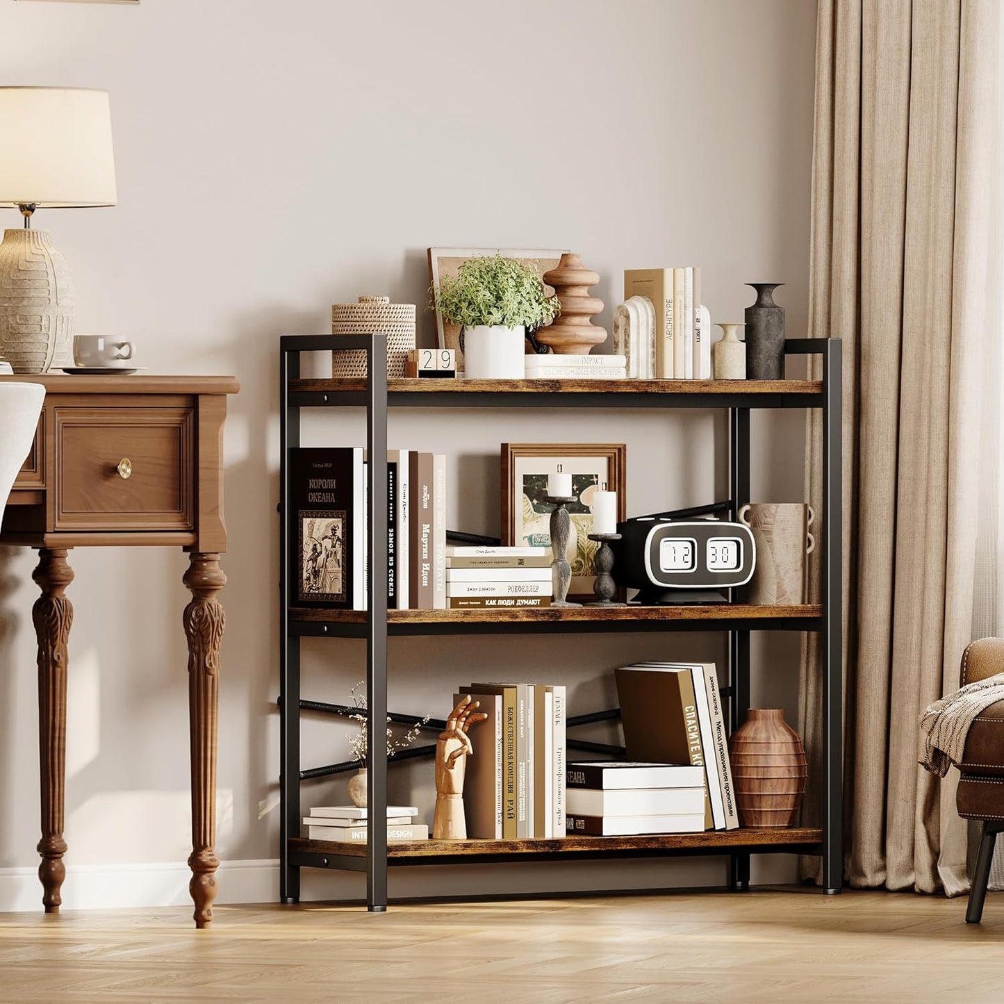 Book Shelf, 3 Tier Bookshelf 31.49" Width, Book Shelf Storage and Organization, Wooden and Metal Industrial Bookcase, Large Book Shelves for Home Living Room Bedroom Office Storage(Vintage)