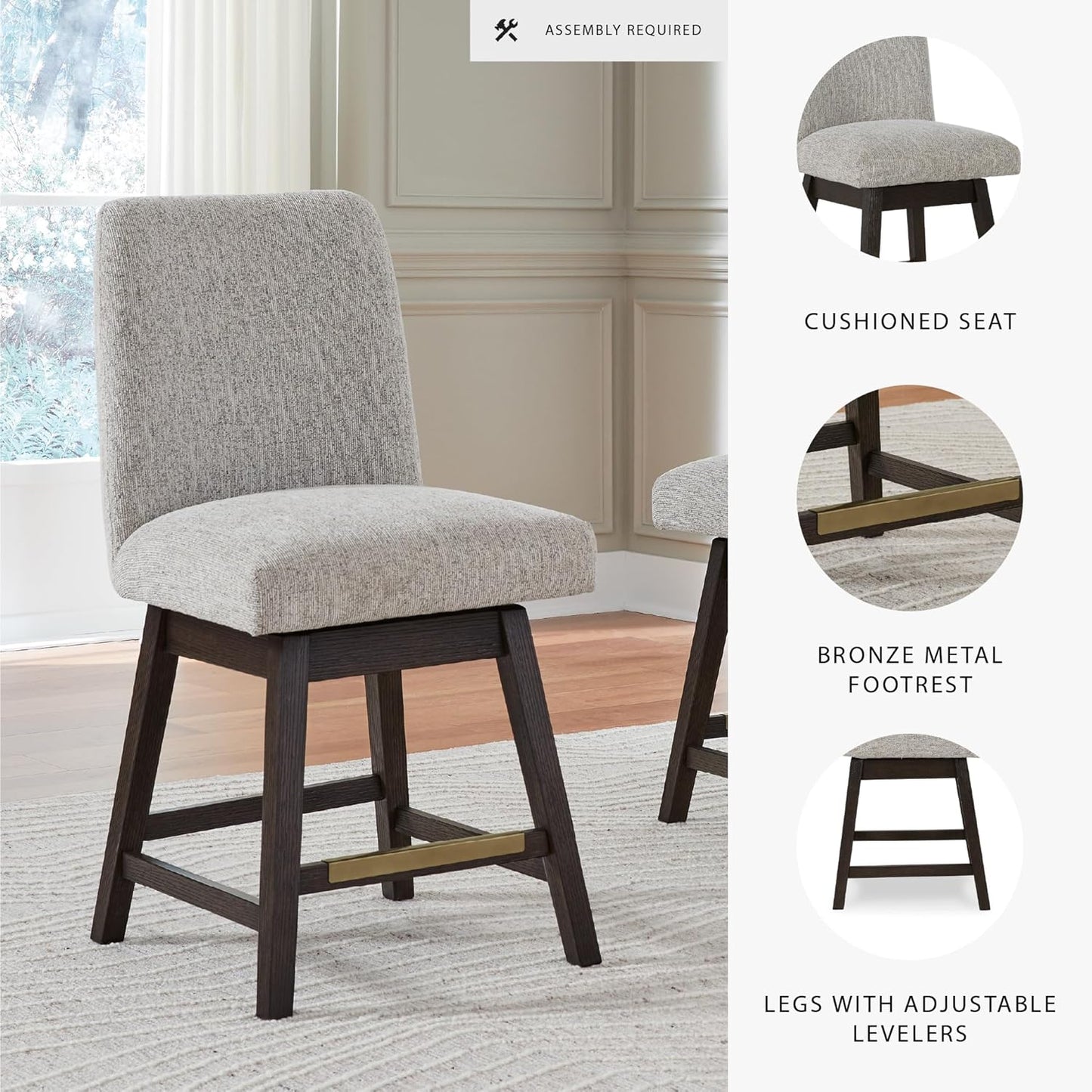 Signature Design by Ashley Burkhaus Urban Counter Height Upholstered Swivel Bar Stool with Footrest, Set of 2, Beige & Dark Brown